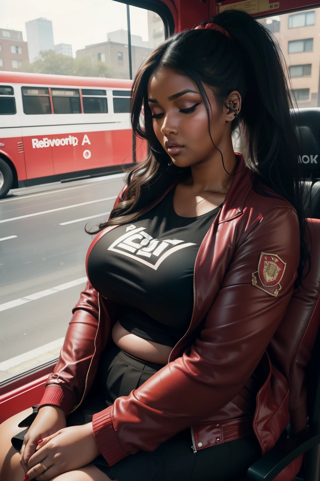 lucy pinder, voluptuous woman, ((Very intense makeup)), dark skin, dark woman, black hair, long hair, afro hair, ponytail, headphones, red t-shirt, black jacket, red skirt, sitting on the bus, ( (eyes closed)), mouth open, ((chubby woman)).
