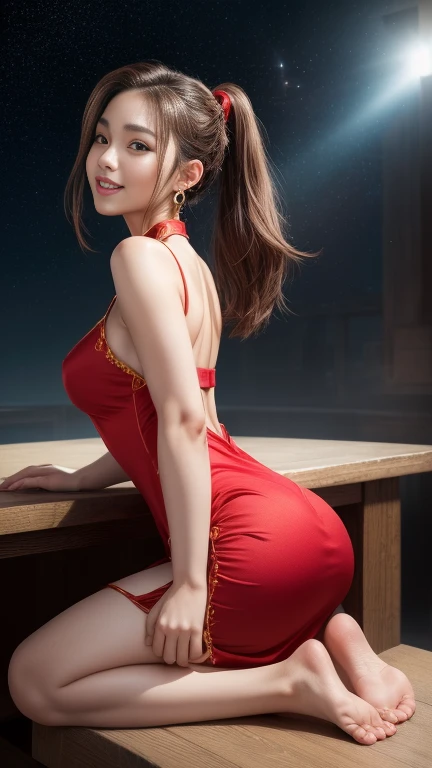 ​masterpiece, top-quality, The ultra -The high-definition, 超A high resolution, Raw foto, ighly detailed, Beautiful eye for details, tre anatomically correct, Textured skin, 
realisitic, Photorealsitic, awardwinning photo, depth of fields, Cinematographic lighting, natural soft light, sunlights, Three-Point Lighting, key lights, Back lighting,  
wavy curly hair、drooing eyes, long eyeslashes, Moles under the eyes, Red Eyes、brown haired, thick bangs, shinny hair、Happy smiling face、
(Cheergirl Costume:1.45), Cheergirl in the stadium、(((large boob))),(((half undress:1.5))),(((((cleavage cutout))))),nsfw