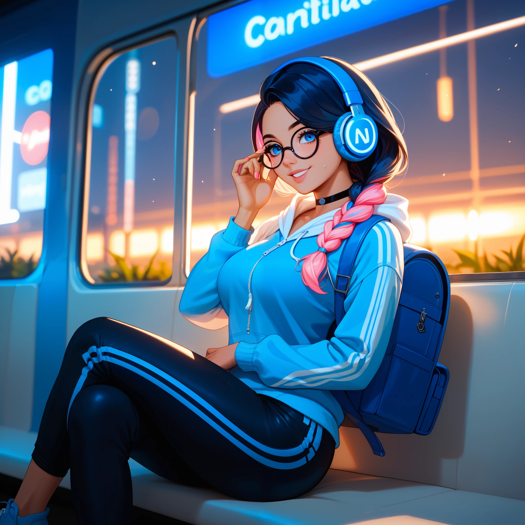 posing sitting, legs crossed, looking over glasses, adjusting glasses, hand on chest, looking at viewer with passionate gaze, passionate smile, large lush breasts, (blue neon headphones), 1 girl, (single braid, colored hair, dark hair, blue braid with pink curls), black leather choker, (white zip-up hoodie), round-framed glasses, low neckline, solo, blue eyes, (black tight sweatpants), lush elastic hips, athletic body, makeup, tan, backpack, empty subway car, gloomy dark atmosphere, night time, thick saturated colors, depth of field, blur, luminescent effects, bioluminescence, illumination, centralized lighting, cinematic niji anime,