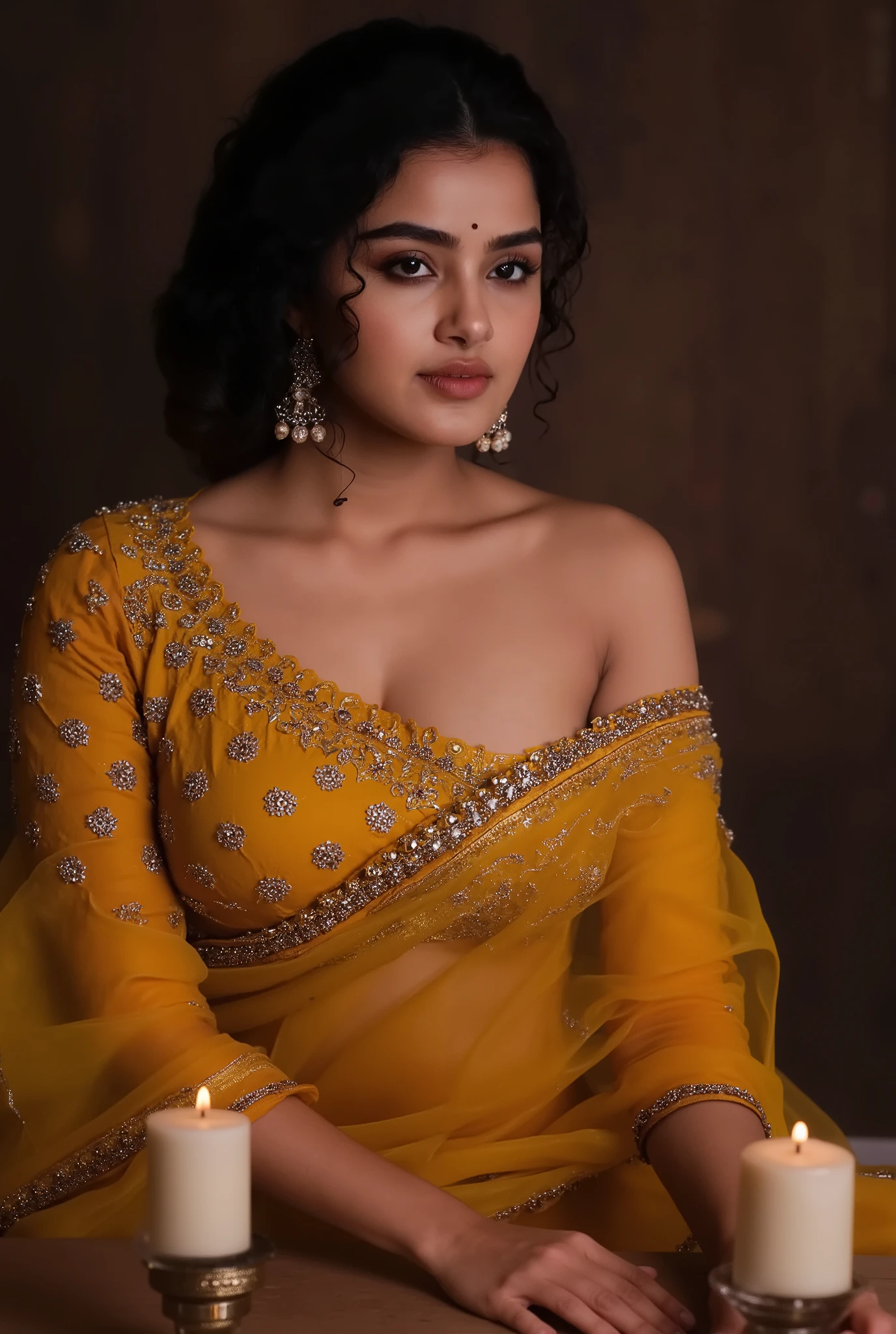 A woman wearing a loose, off-shoulder top that drapes over her body, revealing her toned back. Her hair is tousled, flowing naturally, and her hands are resting on a wooden surface. The dimly lit room is illuminated by warm candlelight, casting soft shadows across her skin.