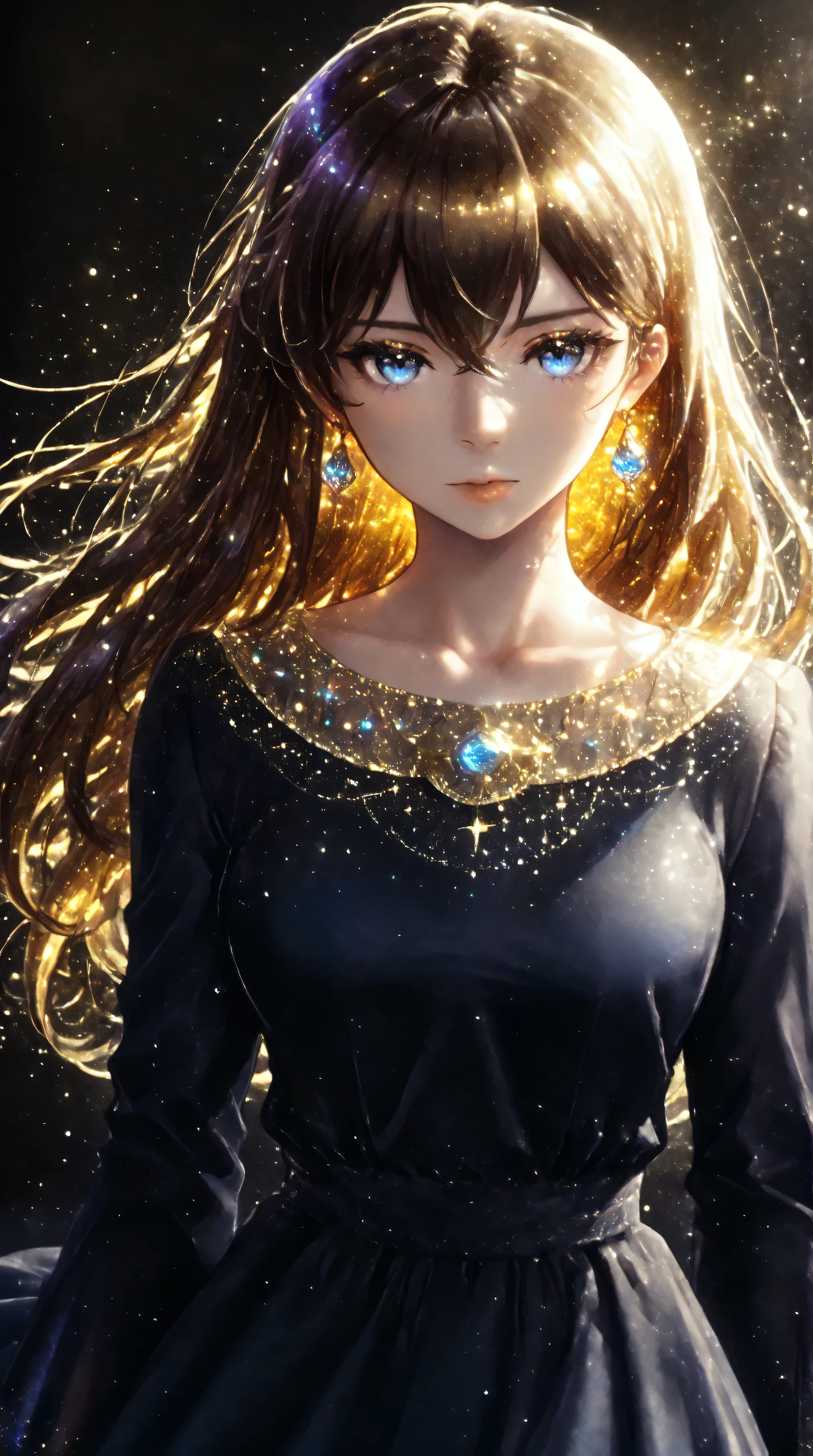 Renaissance Minimalism, beautiful girl, detailed eyes, vibrant color palette, meticulous, cosmic, glowing light, soft light and shadow, vivid emotion, timeless elegance, meticulous attention to detail, delicate and delicate texture, harmonious composition, understated beauty, classic art, serene environment, a unique perspective, shiny skin, (purples), (golds),