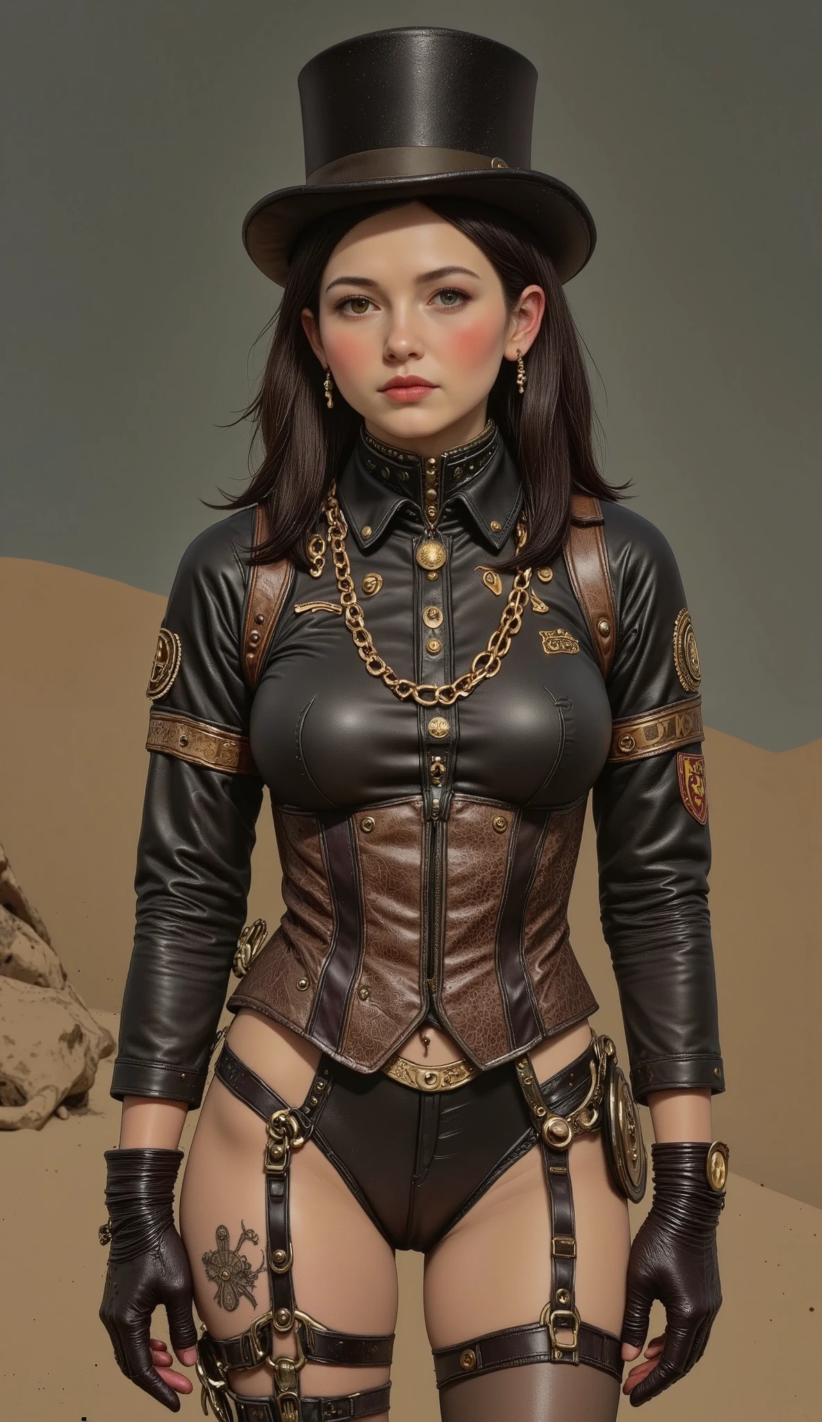 beautiful mature woman in full body steampunk suit, Intricate gears, brass , bronze, aged mechanical details , top hat , glasses, corsets, leather, Advanced Technologies , sandy, moody, Cinematic lighting , photorealistic , 8K, masterpiece