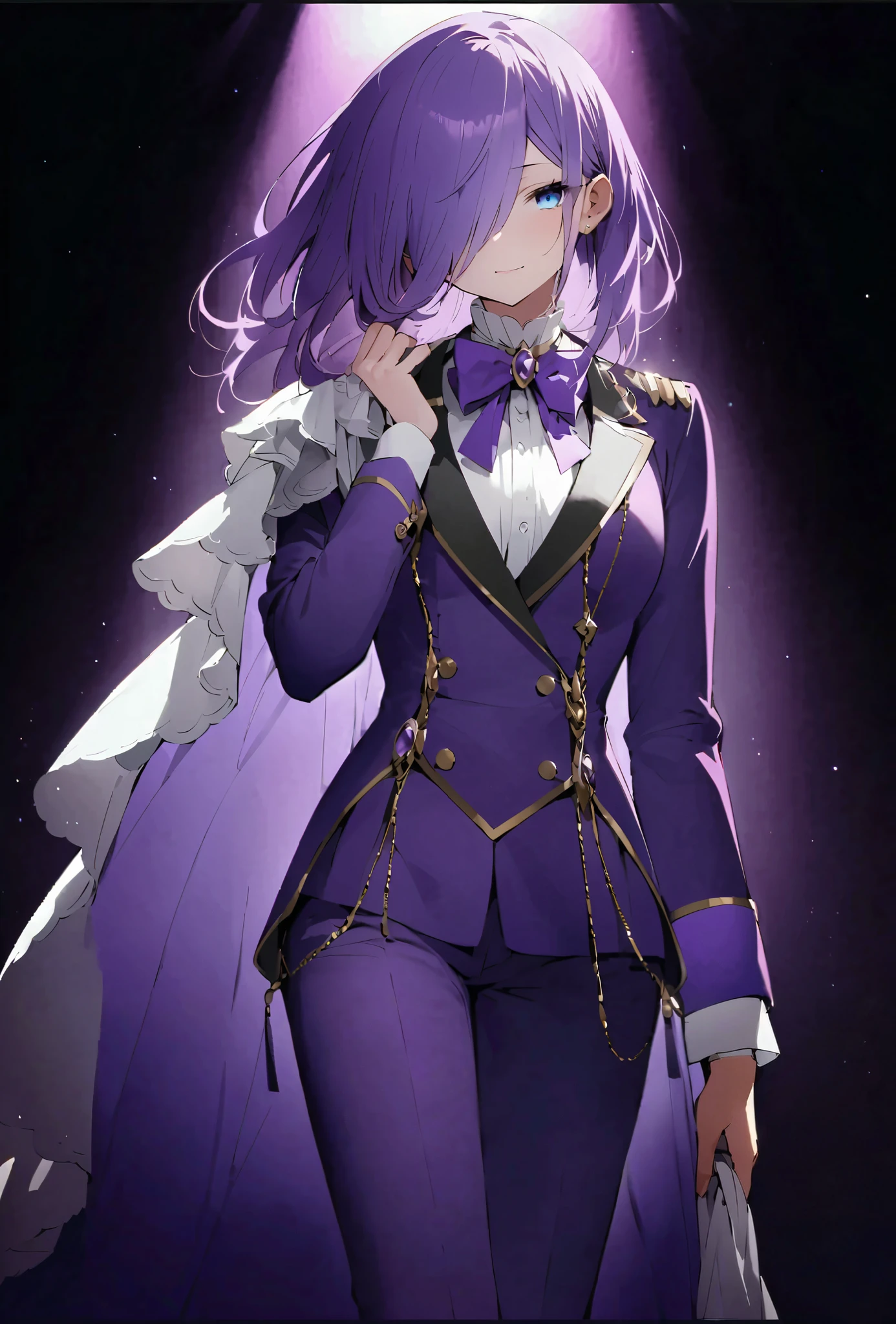 Thin, sharp eyes、Narrow eyes、Detailed expression of eyes、Long purple hair up to the waist 、Small white cloak 、ソロのPrince、1 person、 Long enough to cover the face to hide one eye 、 long bangs that extend to the chin so long that they cover the face、Very long bangs、Bangs that reach to the chin、 with bangs on one side over the ear 、 purple luxury jacket long sleeve、 white shirt、Prince、 fancy mesh costume、 hanging eye、 cool face、 blue eyes、Purple long pants、 purple bow tie 、 small perris on left shoulder、small cloth on left shoulder 、uniform、Cool beautiful girl、