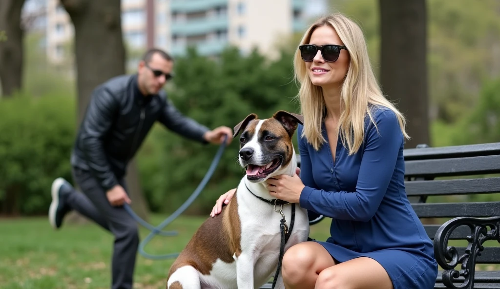 a blonde nordic woman, blue eyes, with jeans, pink knitted coat, in a park with grass and flowers, playing with her american bully dog, realistic, photo, 8k