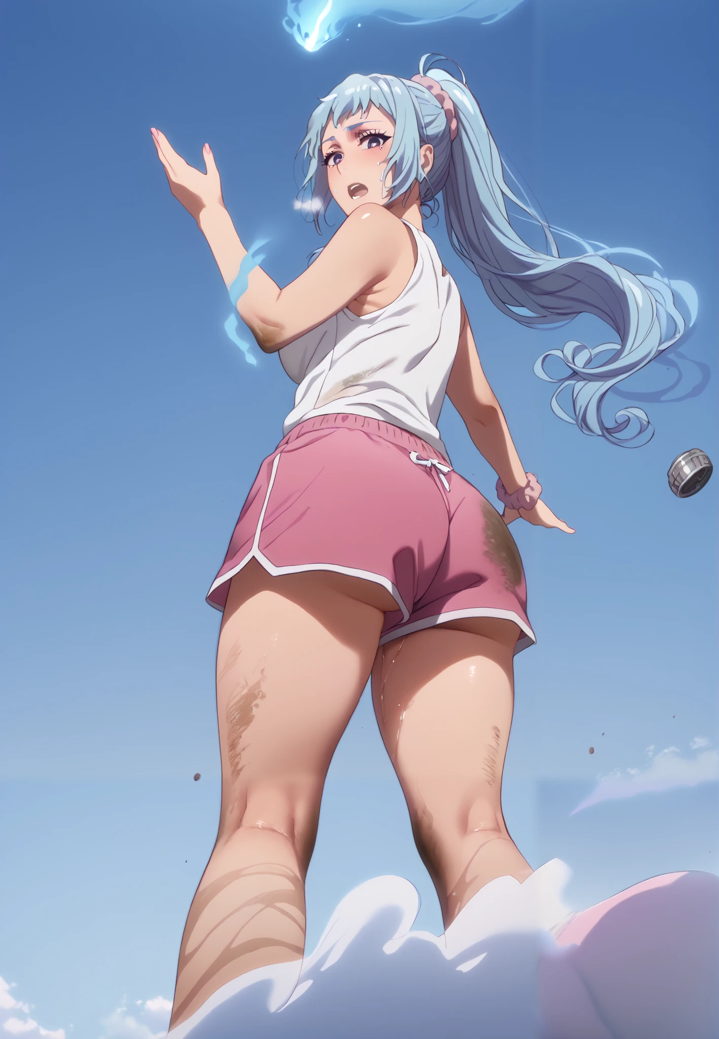 score_9, score_8_up, score_7_up, score_6_up, uncensored, saki kawasaki, long hair, hair ornament, blue hair, purple eyes, ponytail, mole, mole under eye, scrunchie, hair scrunchie, pink scrunchie, bright pupils, anime coloring, anime screencap, large breasts, (voluptuous:1.3), (thick:1.3), BREAK UHD, retina, masterpiece, accurate, anatomically correct, textured skin, super detail, high details, high quality, award winning, best quality, highres, 4K, excessive sweating, sweating, sweating drop, (gasping, heavy breathing:1.3), (skindentation:1.2), perfect eyes, beautiful eyes, eyelashes, makeup, detailed body, perfect body, BREAK, 1girl, ass, telekinesis, looking_back, from_behind, curly_hair, solo_focus, looking_at_viewer, thighs, from_below, floating, open_mouth, dirty, tank top, white shirt, pink shorts, dolphin shorts, short shorts, sleeveless, pov, (aura:1.4)
