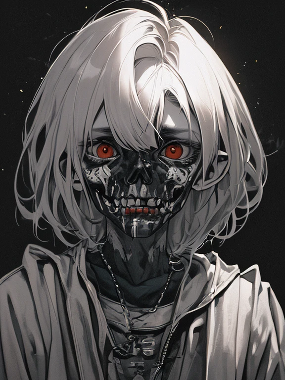 Create an ultra-wide photo of a decrepit zombie wearing an Adidas coat and hood, set against an abstract background. The overall style of the image should be a minimalist fashion with an Artgem twist. The zombie should be rendered in a decrepit and cadaveric style, with a focus on creating a sense of horror and decay. The Adidas coat and hood should be rendered in high detail, with a focus on capturing the texture and style of the clothing. The background of the image should be an abstract design, with a focus on creating a sense of depth and contrast to the foreground. The image should be rendered in a wide format, with a focus on creating a sense of scale and drama to the scene.