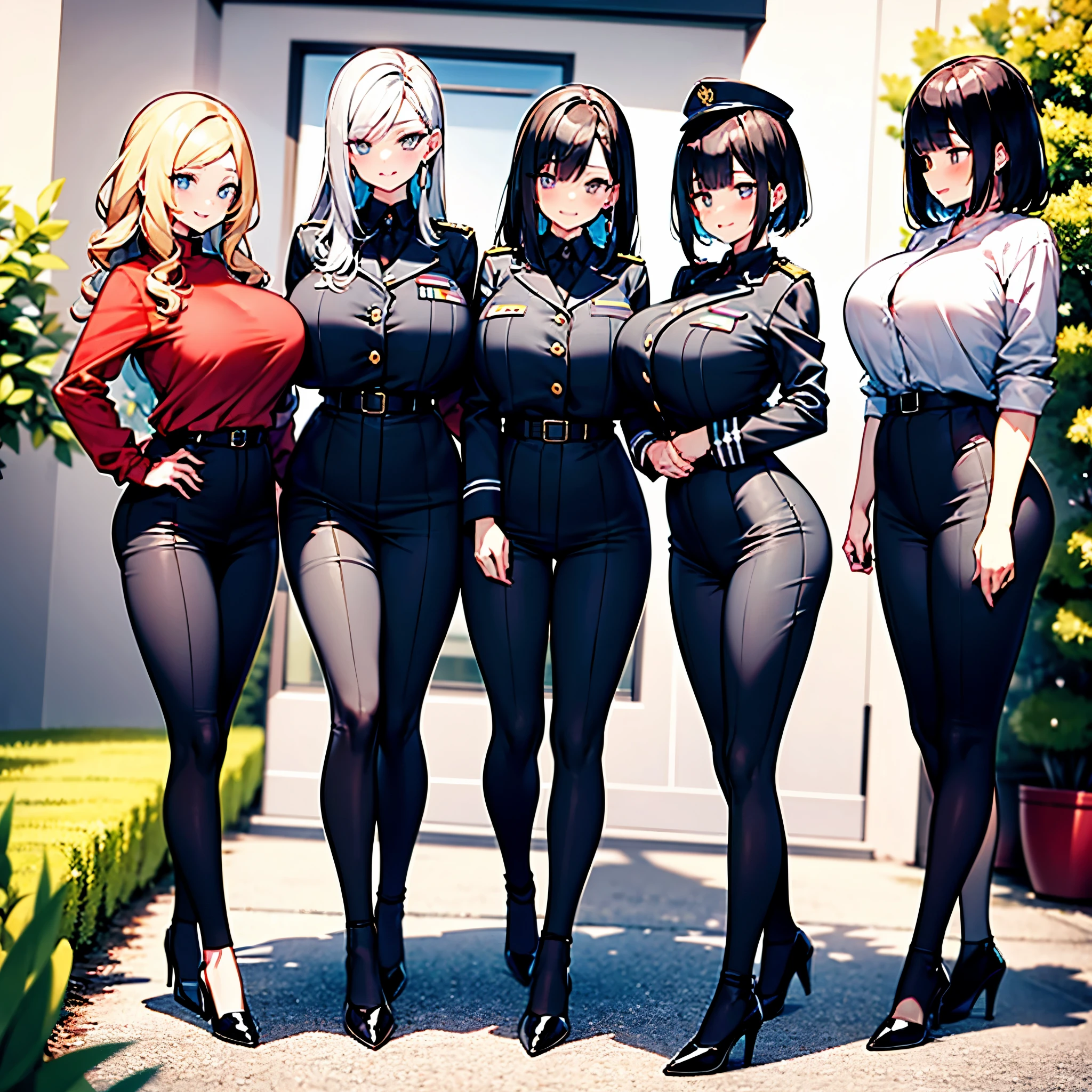 3 women, short hair, black hair yellow eyes pale skin muscular girl huge breasts jacket, holster, gun holster, bondage gear, choker, headband, pantyhose, two-tone harness, Ampla abertura, Baixo ISO, white balance, rule of thirds, 8K CRU,