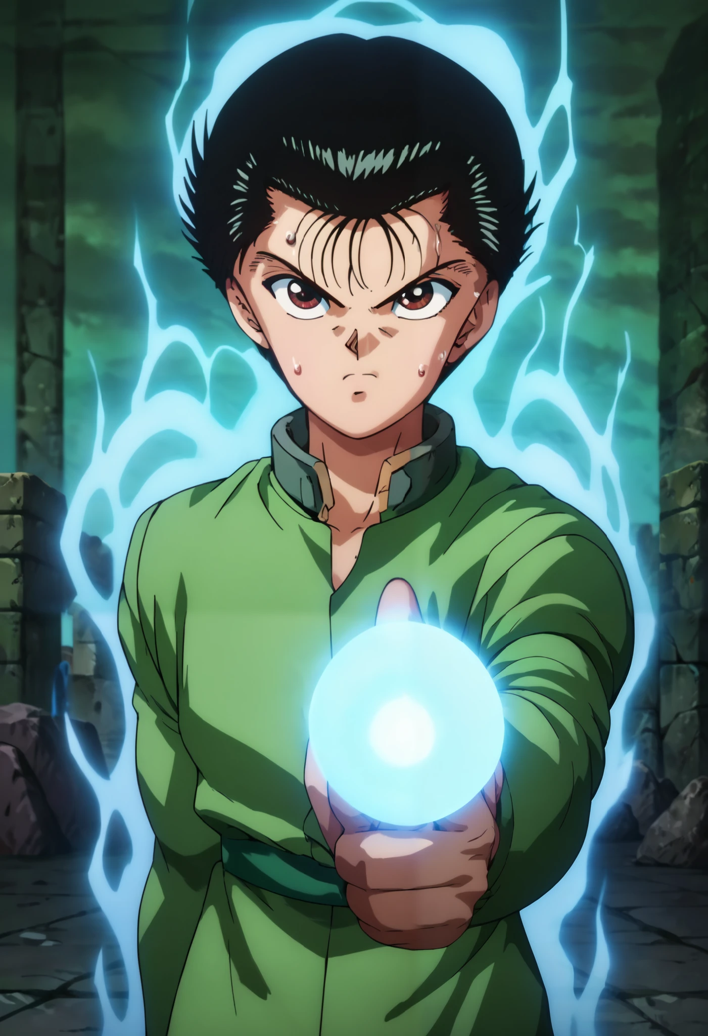 score_9, score_8_up, score_7_up, score_6_up, masterpiece, best quality, amazing quality, best aesthetic, absurdres, intricate details, official style, look at viewer, yusuke_urameshi_ep, black hair, brown eyes, (1boy), upperbody, ((huge & vast abandoned doom, stone doom, stone walls, stone floors, window in stone ceil)), (wearing green Japanese school uniform, green collar, green Gakunan, closed buttons), ((serious face, sweat face, pointing, finger gun, spirit gun, blue energy ball, aura, pointing at the viewer)),