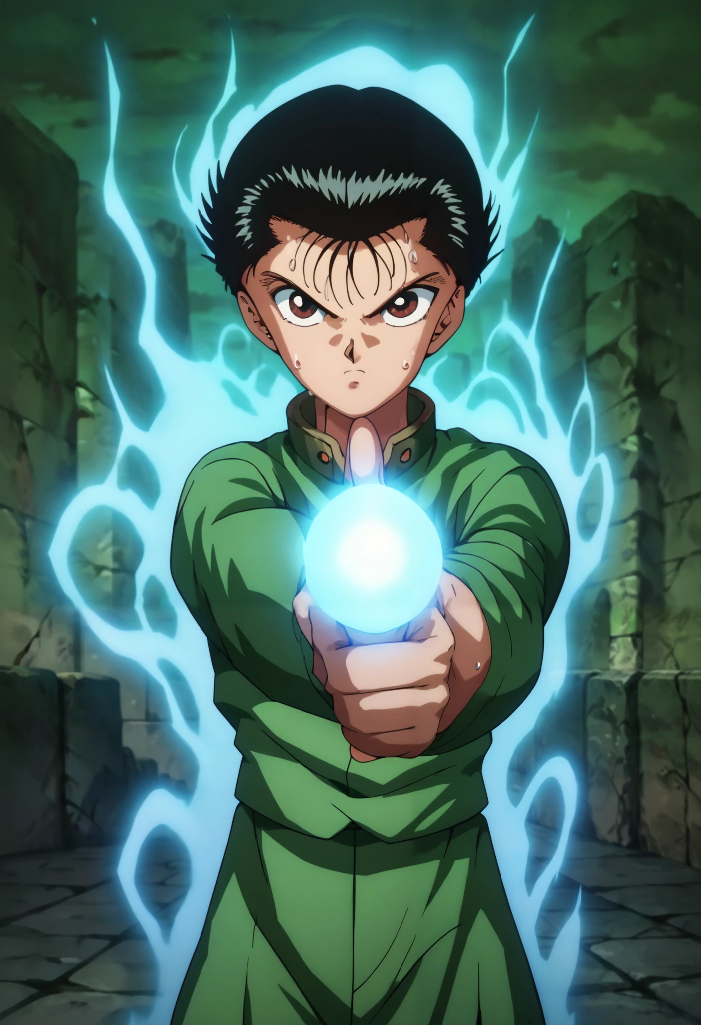 score_9, score_8_up, score_7_up, score_6_up, masterpiece, best quality, amazing quality, best aesthetic, absurdres, intricate details, official style, look at viewer, yusuke_urameshi_ep, black hair, brown eyes, (1boy), upperbody, ((huge & vast abandoned doom, stone doom, stone walls, stone floors, window in stone ceil)), (wearing green Japanese school uniform, green collar, green Gakunan, closed buttons), ((serious face, sweat face, pointing, finger gun, spirit gun, blue energy ball, aura, pointing at the viewer)),