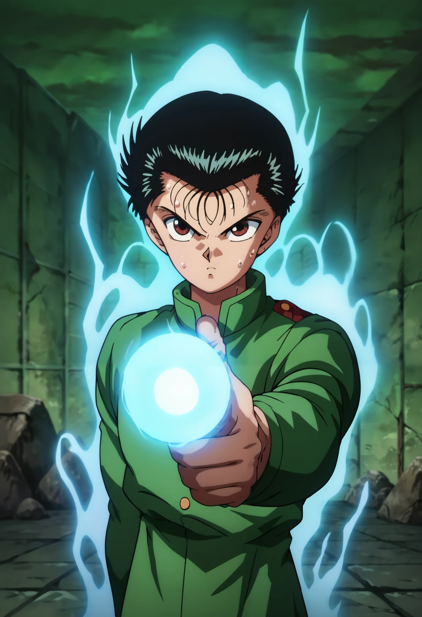 score_9, score_8_up, score_7_up, score_6_up, masterpiece, best quality, amazing quality, best aesthetic, absurdres, intricate details, official style, look at viewer, yusuke_urameshi_ep, black hair, brown eyes, (1boy), upperbody, ((huge & vast abandoned doom, stone doom, stone walls, stone floors, window in stone ceil)), (wearing green Japanese school uniform, green collar, green Gakunan, closed buttons), ((serious face, sweat face, finger gun, spirit gun, blue energy ball, aura, pointing at the viewer)),