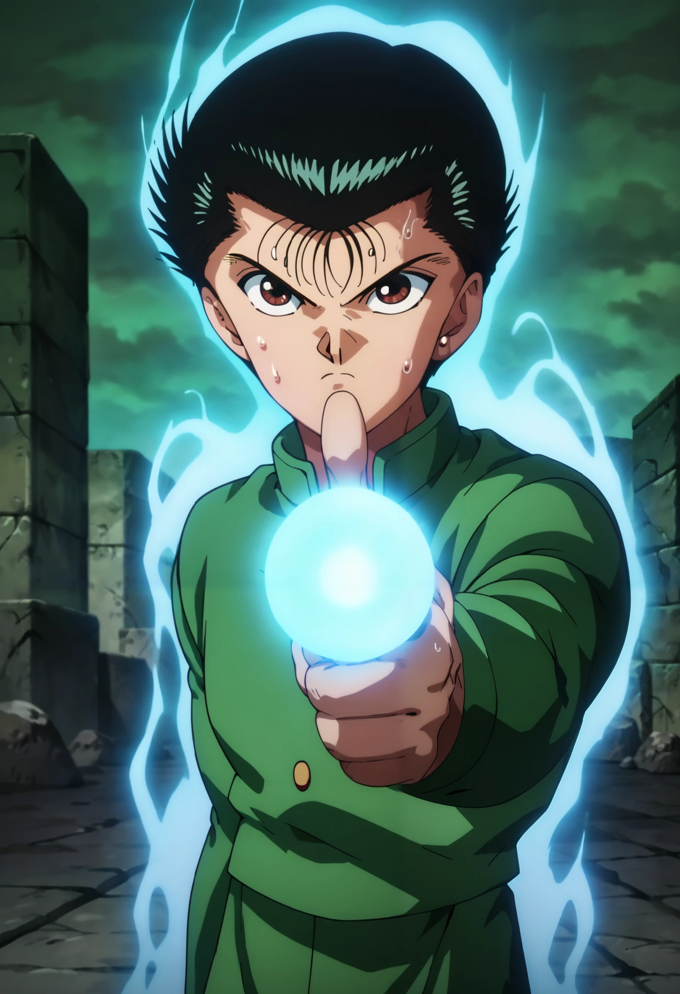 score_9, score_8_up, score_7_up, score_6_up, masterpiece, best quality, amazing quality, best aesthetic, absurdres, intricate details, official style, look at viewer, yusuke_urameshi_ep, black hair, brown eyes, (1boy), upperbody, ((huge & vast abandoned doom, stone doom, stone walls, stone floors, window in stone ceil)), (wearing green Japanese school uniform, green collar, green Gakunan, closed buttons), ((serious face, sweat face, finger gun, spirit gun, blue energy ball, aura, pointing at the viewer)),