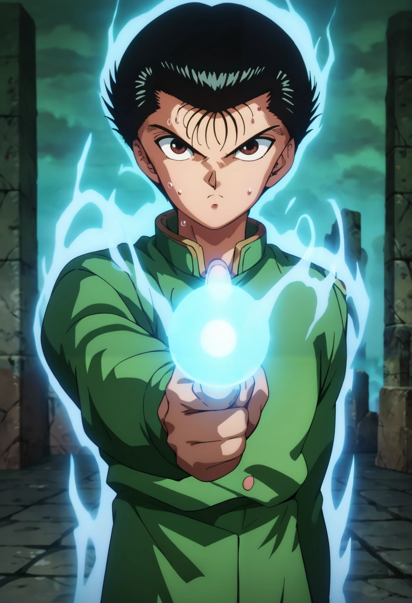 score_9, score_8_up, score_7_up, score_6_up, masterpiece, best quality, amazing quality, best aesthetic, absurdres, intricate details, official style, look at viewer, yusuke_urameshi_ep, black hair, brown eyes, (1boy), upperbody, ((huge & vast abandoned doom, stone doom, stone walls, stone floors, window in stone ceil)), (wearing green Japanese school uniform, green collar, green Gakunan, closed buttons), ((serious face, sweat face, finger gun, spirit gun, blue energy ball, aura, pointing at the viewer)),