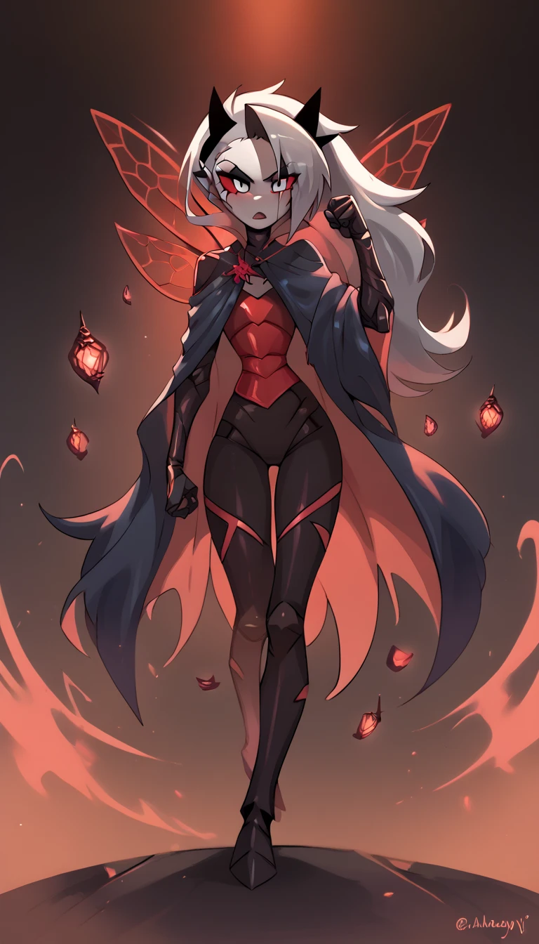 Roxy_Citron_OC, 1girl, solo, red eyes, white hair, rainbow hair, long hair, streaked hair, hair between eyes, adepta sororitas, pelvic curtain, full armor, shoulder armor, solo, holding, gun, pauldrons, boots, gloves, gauntlets, skull, silver, breastplate, mechanical wings, greaves, iron halo, red cape, full_body, standing,