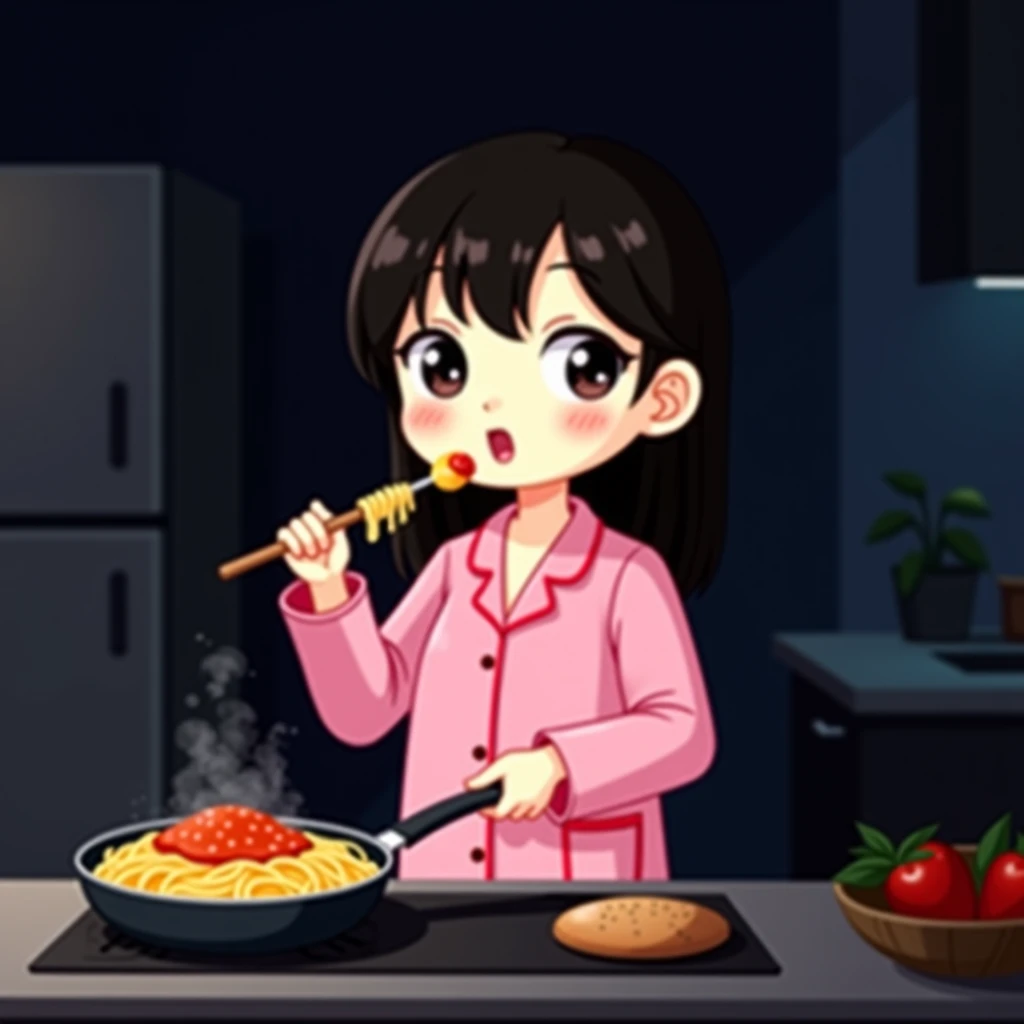 chibiSJstyle, a woman eating, intricate detail