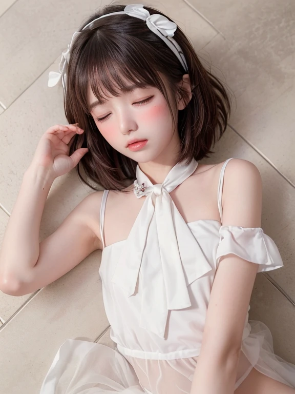 (8K, Realistic, RAW Photos, Highest quality: 1.4),Japanese idol-style beautiful girl,1 person,18-year-old,(Hairstyle(Very Short Bob,Black,Center Parting)),The forehead is visible,She has her hair tucked behind her ears,Large, clear grey eyes,Long eyelashes,(piercings(small)),Lip gloss(Pale pink),lips(Plump,glossy),(pendant(small,diamond)),(Manicure(Black)),(Tunic(Short sleeve,White,Frills)),Long legs,barefoot,Her Room,(On the bed(sitting cross-legged,Large stuffed animal)),Smiling at the camera,Front view,Full body portrait