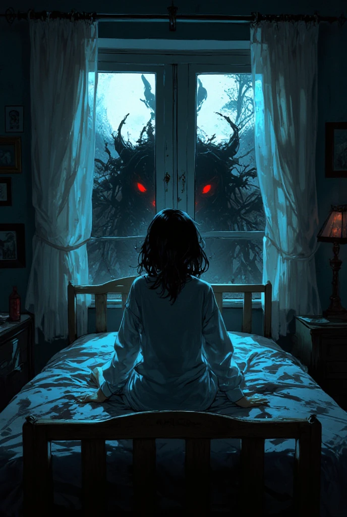 ", , the girl sitting on top . Bed in pajamas , her posture tense , , , and her eyes bore wide with fear . , she's wary, , mirrors . Dark room , casts a shadow on the wall . Through the window , with the black shadow of The devil-like body , with glowing red eyes , and the presence of evil , Winged, looking cool , The atmosphere was terrible and creepy , with a soft moonlight , Shining through the drops of water ,.}, which highlighted the fear in her eyes and the evil shadow outside the window.., demon at the window , . He moved the bed out of the window , turning her back on the devil., The window has white curtains,Stay away from the devil".