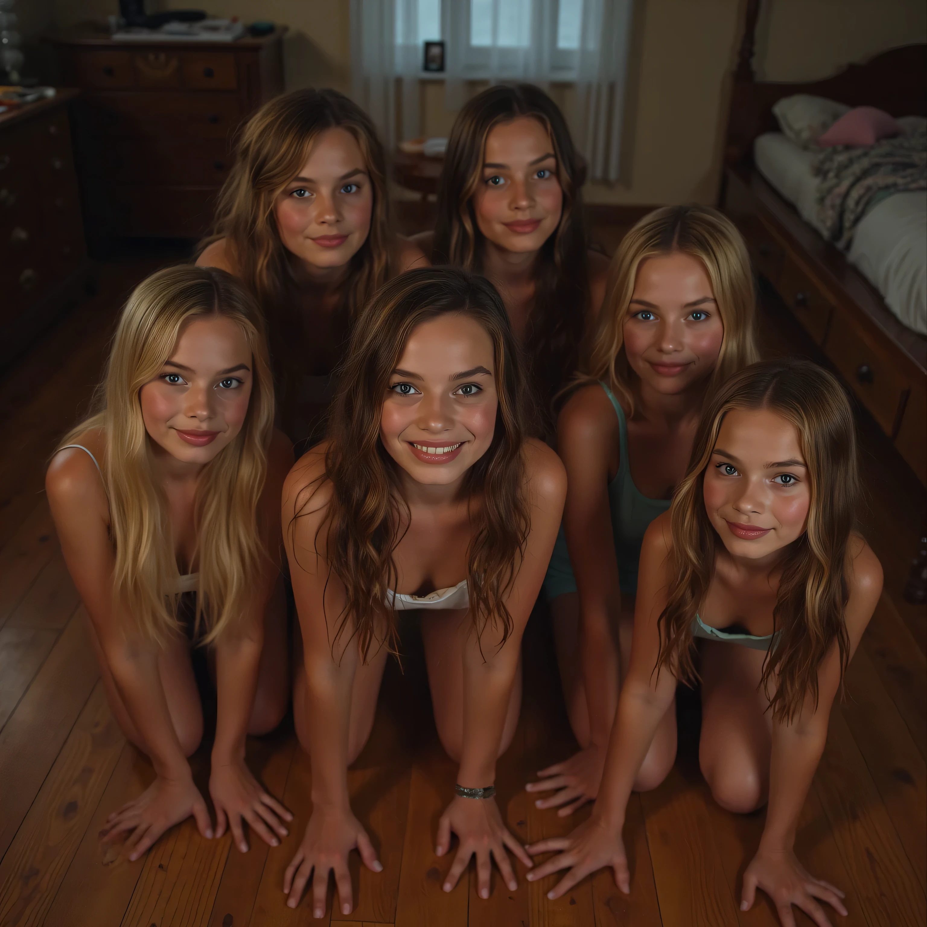 Very realistic photo of 6 very young girls , long hair, 2 girls have long braids , Different hair colors and different hairstyles , tiny , short tops and miniskirt , detailed face , Size, beautiful eyes , , kneeling on a hardwood floor in a bedroom at night, seen from above , sehr Size Lippen , very plump lips , closed lip vest, bright and bright pink , shiny and wet face . , Size Brüste . focus on , vista , around the viewer .