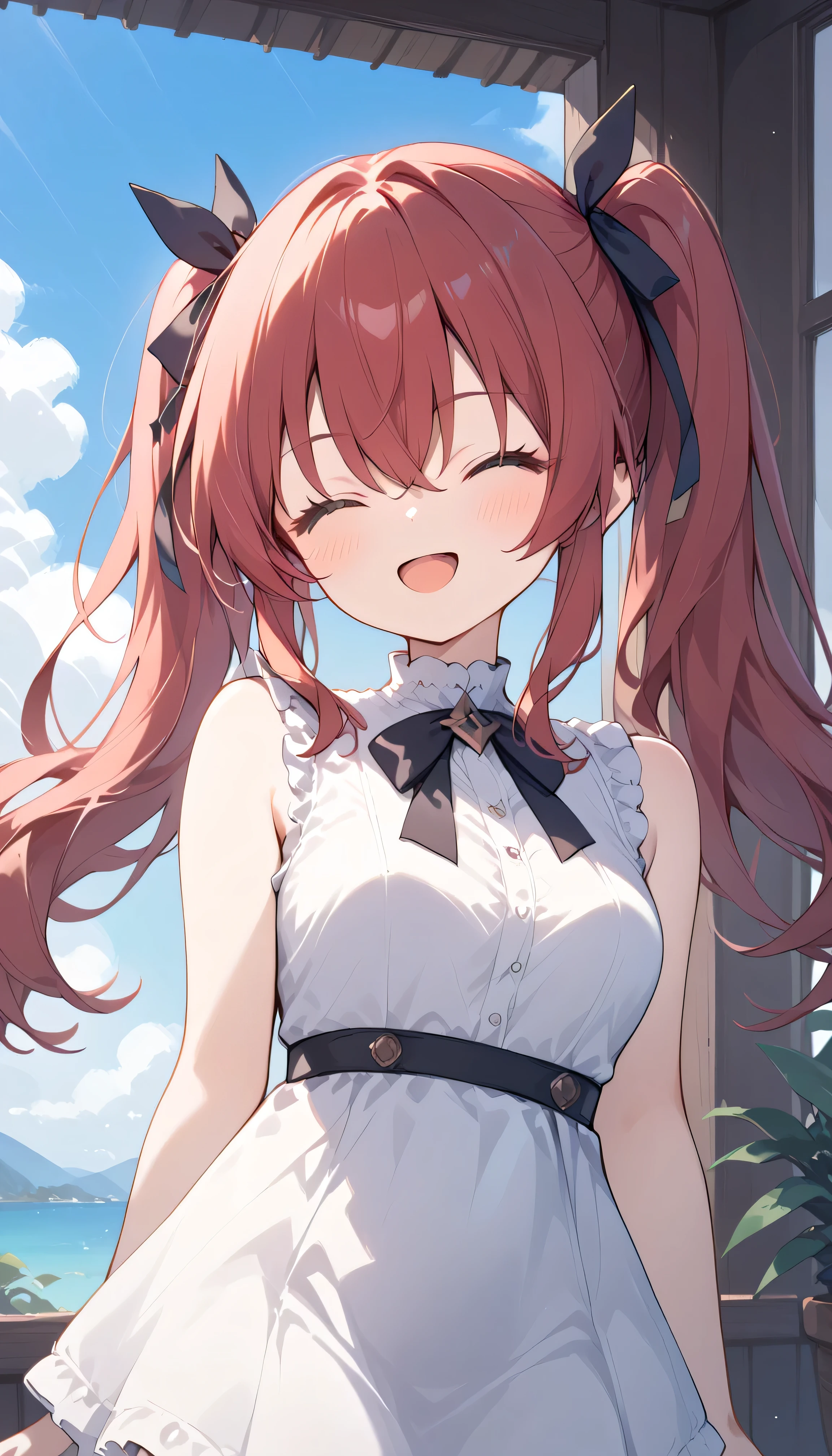 twin tails black ribbon long hair red hair closed eyes eyebrows visible from inside hair , hair between eyes, watches viewers, masterpiece, top quality, very aesthetic casual clothes white shirt sleeveless Outdoors downtown Square blue sky face focus smile blush open your mouth