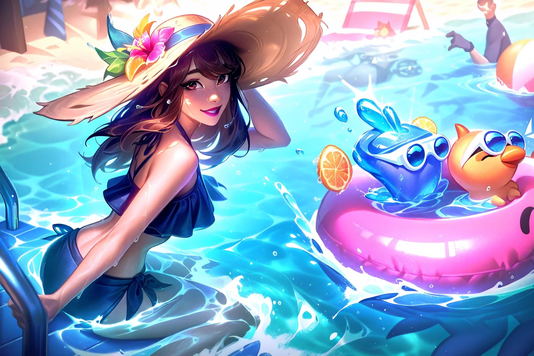 Evening Pool Party、Playboy、play girl、Suspicious lighting、Wild Party、Variety of swimsuits、Water gun、alcohol、Swim ring、Girl 1 0people、Beautifully detailed eyes、Beautifully detailed lips、Highly detailed eyes and face、Long eyelashes、Elegant pose、Wet Hair、Dripping Water、Reflection in the water、Neon Light、Bright colors、Shine、Mysterious atmosphere、Cinematic lighting、Dynamic configuration、Real、Photorealistic、Photorealistic:1.37、Highest quality、4K、8K、High resolution、masterpiece:1.2、Super detailed、HDR、uhd、Studio Lighting、Bright colors、Bokeh