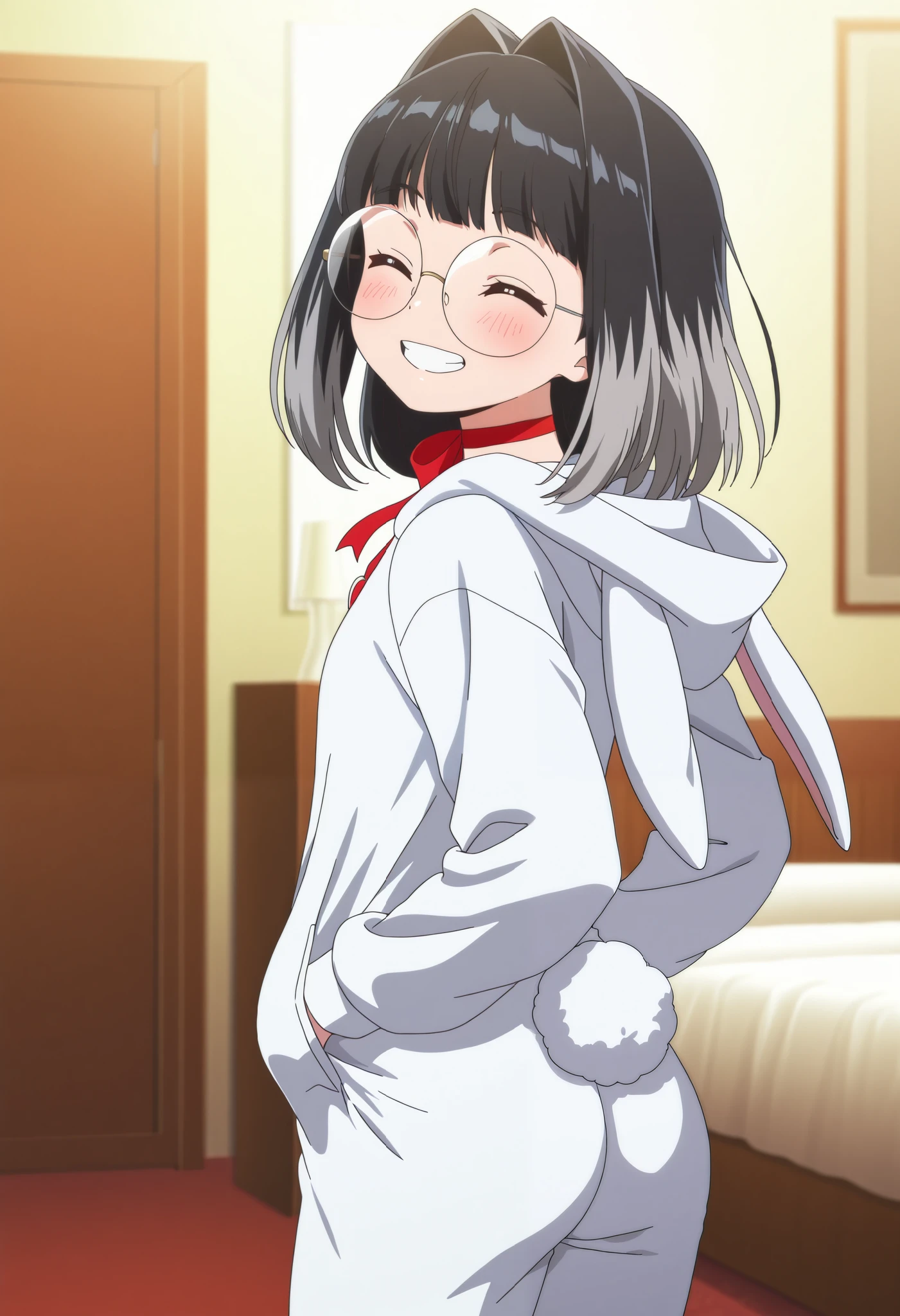 1girl, solo, ite,cute, from behind, behind view, upper body, grin, blush, teeth, open mouth, (closed eyes), (round eyewear, glasses, glazed glass), (medium hair, hair intakes, black hair, multicolored hair, grey tips hair, bangs), (red ribbon choker, white bunny suit, hood), (indoors, bedroom,standing), (hands on pocket), natural lighting, anime screencap, soft focus, masterpiece, high score, great score, absurdres,