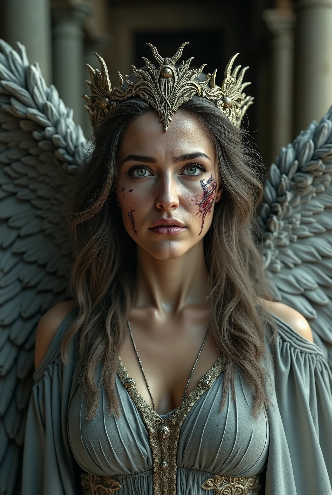 beautiful angelic woman with large feathered gray wings, scars and wounds on the face, suffering face, detailed fantasy portrait, exquisite female angel as a mystical valkyrie, ruined temple background, ruined and rusty wooden crown, hyperrealistic, octane render, intricate wings, piercing eyes, delicate features, flowing hair, dramatic lighting, vibrant colors, highly detailed, cinematic composition, masterpiece, 8k