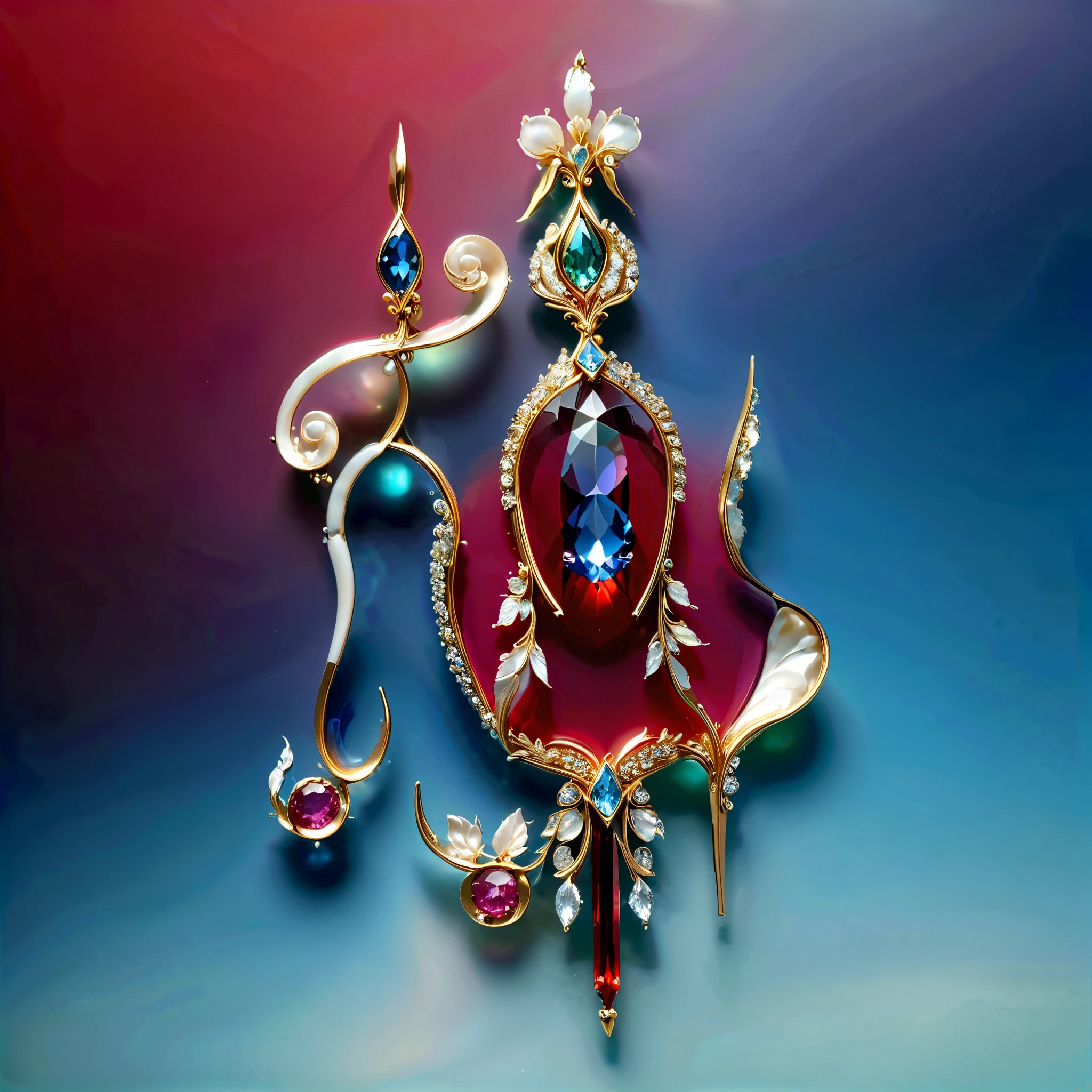 masterpiece. Exquisite sculpture , Depicts a Malagasy tourmaline , precious gemstone . Exquisite craftsmanship . high quality . excellent improvement . (( super detailed )). Table decoration , and beautifully decorated mother-of-pearl jewels , opal, ruby. lapis lazuli. masterpiece hors norme. A gorgeous and authentic . ultra-realistic .. (( simple red background ))