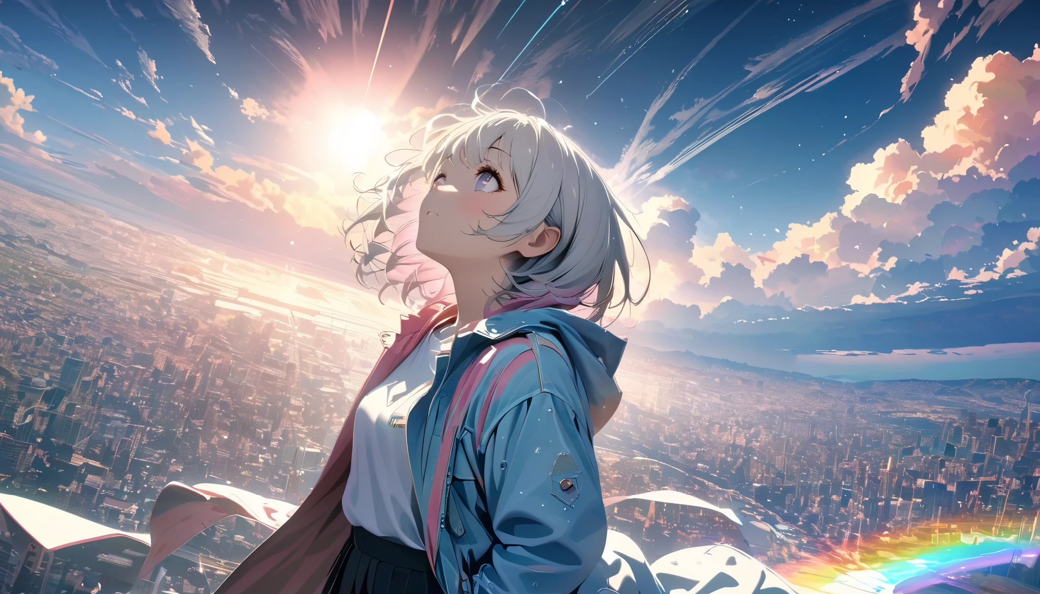 angelic, detailed woman, sunrise, rainbow, After the Rain, horizon, In the sky, city , Lens flare, colorful,coat, Put your hands in your pockets,(18-year-old, JK, Her short silver hair sways,) Look up at the sky, Beautiful sky, The scenery is beautiful., 広いLook up at the sky, Colorful summer flowers are blooming everywhere., I see the wind blowing and shining, In the sky there is a noon moon and a noon star,From below, break ,quality(8k,extremely detailed CG unit wallpaper, masterpiece,High resolution,top-quality,top-quality real texture skin, surreal,Increase the resolution,RAW Photos,highest quality,Very detailed,wallpaper,Cinema Lighting,Ray Tracing,Golden Ratio),Have a long-term perspective