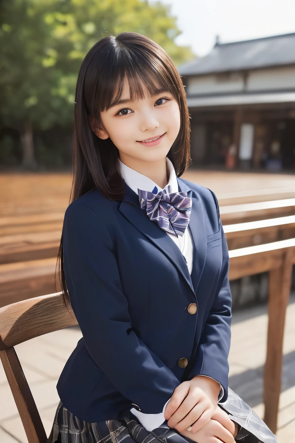 ( top quality, Masterpiece:1.2), top quality, is present, photos, high resolution, 1080P, 8k, physical rendering , ((: 158cm)), Japanese Girl、((((((A beautiful 14-year-old fashion model from a Japanese fashion magazine is staring straight into the audience)))))), ((( x} beautiful dark brown eyes that are large and very detailed))), ((((Laugh at me!)))), Fine fingers , (((Short, curly bangs))), ((((Very noble and pretty eyes, meticulously drawn )))), (( double eyelids)), (((long eyelashes))), ((Cute adorable smiling cheeks)), ((Pure white light hits my nose and cheeks. Her eyes and white face shine beautifully white .)), ((((( Her facial features are very expressive and has a nice smile , so sweet, Very very clever))))), (((( impressive plain dark blue large student bow tie solid color )))), ((((black, very beautiful and very long hair )))), ( a blue and navy tartan check formal long pleated skirt ), ((( a slightly larger dark blue solid blazer with a gold crest 、It has a gold crest))), (( graceful like a noble princess )), ((Sitting on a chair on the platform of a rural station)), ((Full body shot from the side))