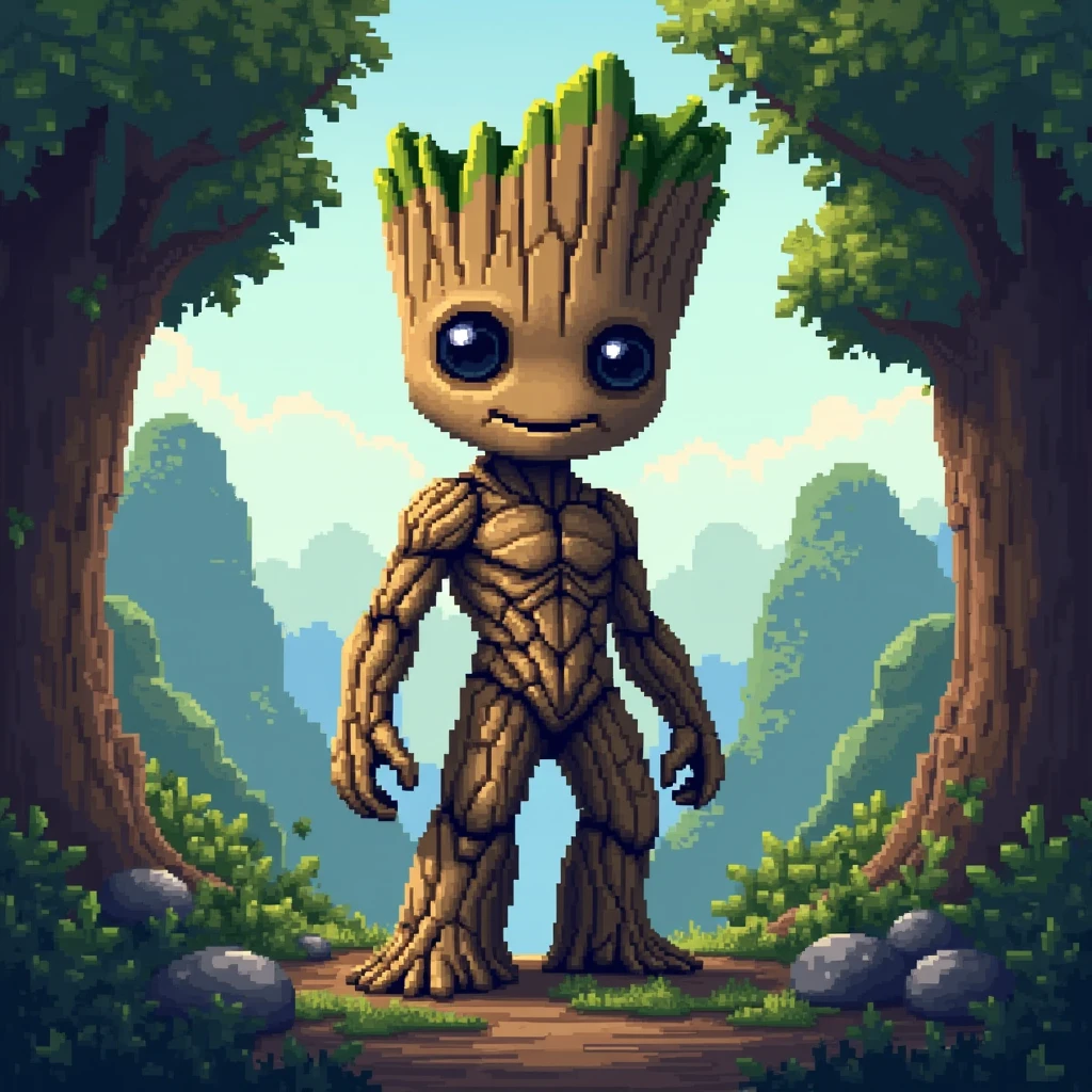 Groot angry with little cannabis plants growing on him in cartoon