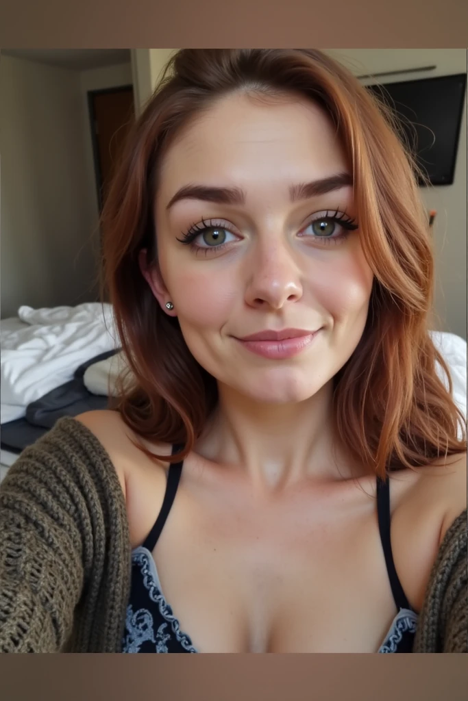 photo de face , quality , femme, sexy,  25 ans, rousse , cheveux long, yeux vert, jolie regard ,sourire coquin ,tache de rousseur,visage parfait