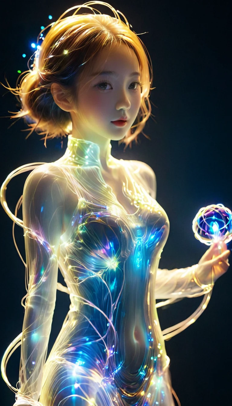 Dynamic representation, dance girl with Dynamic pose in three-dimensional light style of glassy translucence outfit , part of the outfit is Decomposing into light particles and flowing to the top,black background, powerful dynamic composition, v-Ray tracing ,c4d render