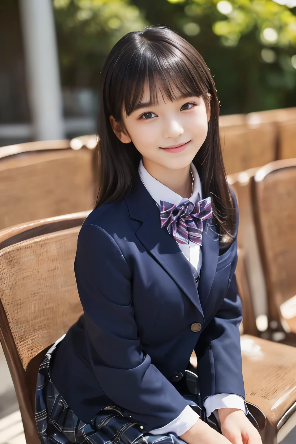 ( top quality,  Masterpiece:1.2),  top quality,  is present,  photos,  high resolution, 1080P, 8k,  physical rendering , ((: 158cm)),   Japanese Girl、((((((A beautiful -yeld faon model from a Japanese fashion magazine is staring straight into the audience)))))), ((( x} beautiful dark brown eyes that are large and very detailed))), ((((Laugh at me!)))),  Fine fingers , (((Short, curly bangs))), ((((Very noble and pretty eyes,  meticulously drawn )))), (( double eyelids)), (((long eyelashes))), ((Cute adorable smiling cheeks)), ((Pure white light hits my nose and cheeks.  Her eyes and white face shine beautifully white .)), ((((( Her facial features are very expressive and has a nice smile , so sweet, Very very clever))))), (((( impressive plain dark blue large student bow tie solid color )))), ((((black, very beautiful and very long hair )))), ( a blue and navy tartan check formal long pleated skirt ), ((( a slightly larger dark blue solid blazer with a gold crest 、It has a gold crest))), (( graceful like a noble princess )), ((Sitting on a chair on the platform of a rural station)), ((Full body shot from the side))