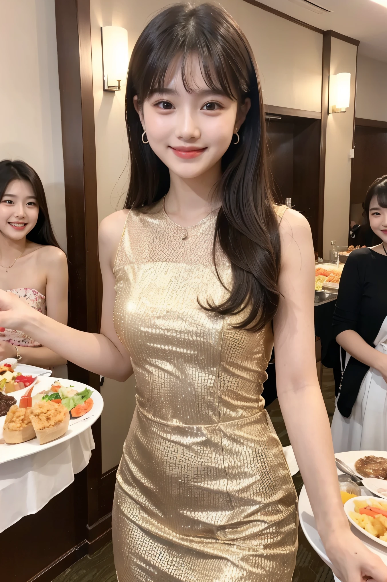 Best Quality, 1 beautiful Japanese woman, standing in front of a full-length mirror taking a (selfie:1.5), making a playful pose with one foot raised and a cheeky grin, at a luxury europe hotel
