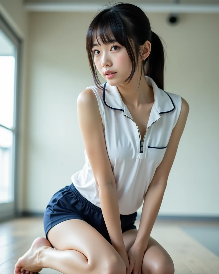 SFW, highest quality, ultra-high resolution, ultra-detailed face and eyes, detailed body, (photorealistic: 1.4), (1 girl: 1.4), 18 year old girl, fair skin, detailed background, (city Inside gym: 1.2), (yoga practice: 1.4), (blue: pink: green yoga top, pants: 1.5), (light gray: black hair: 1.4), yoga uniform, looking at viewers, smiling Yes, Cute, (Small butt), (Long legs), (Chest circumference: 1.5), Thin waist, Blue eyes, (Body legs shot), Pro light, Face focus,