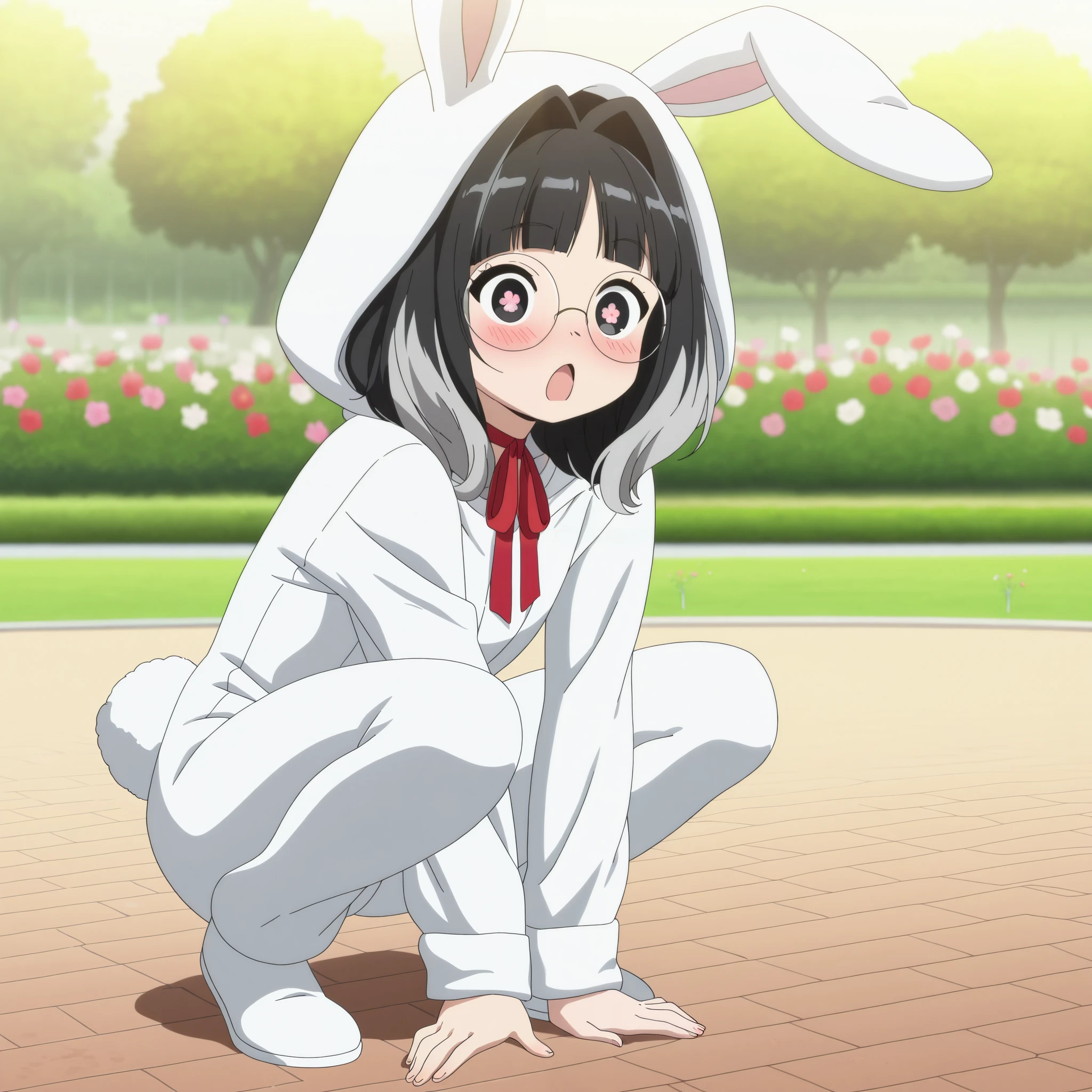 1girl, solo, ite,cute, from front, full body, blush, surprised, open mouth, (black eyes, symbol shaped pupils, +_+), (round eyewear, glasses, glazed glass), (medium hair, hair intakes, black hair, multicolored hair, grey tips hair, bangs), (red ribbon choker, white bunny suit, hood up), (outdoors, flower park,squatting, spread), (hands on floor), natural lighting, anime screencap, soft focus, masterpiece, high score, great score, absurdres,