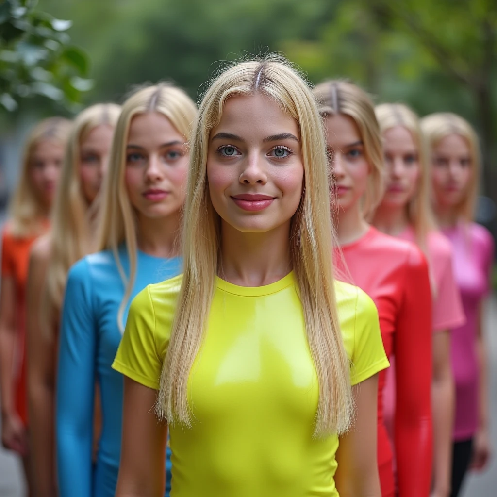 16k, high resolution, best quality, super Details, textured skin in the trash bag, Meisterwerk, precisely, Anatomically correct. Very realistic photo of 6 very young girls , long blonde hair with long colorful strands . very large lips , very full lips , open lips, bright pink shiny . In colorful sexy T-shirts made of shiny neon pink colors , Shiny latex leggings in various colors , Bend forward and show off their cleavage, seen from above, Sweaty wet face. focus on looking at the viewer erotically. They are standing in the middle of the schoolyard . small plump breasts . (Visibly shown nipples )