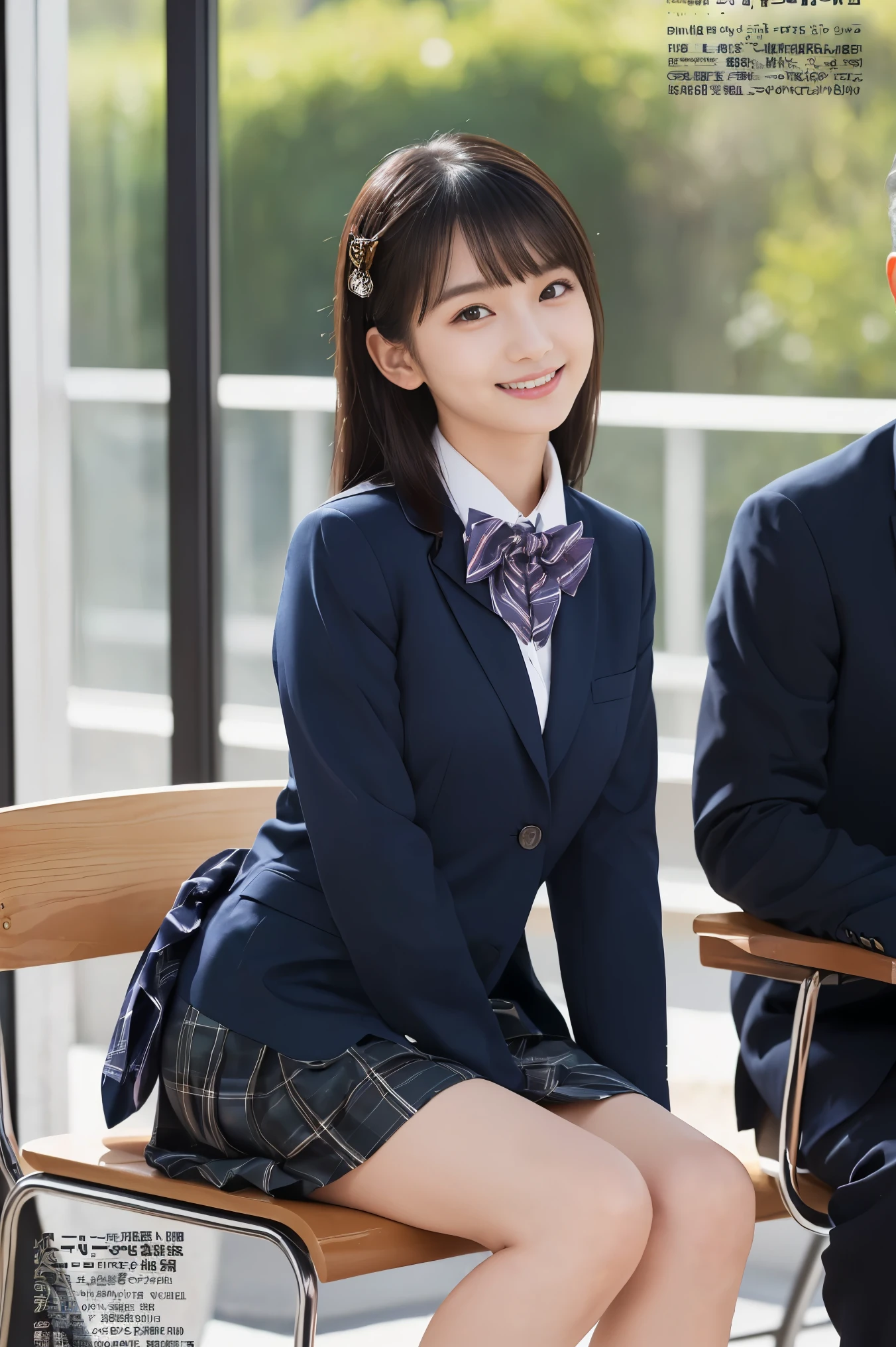 ( top quality, Masterpiece:1.2), top quality, exist, photos, high resolution, 1080P, 8k, physical rendering , ((: 158cm)), Japanese Girl、(((((( from a Japanese fashion magazine A beautiful fashion model is watching straight to the audience)))))), ((( x} beautiful dark brown eyes with big, detailed ))), ((((smile at me!)))), Thin fingers , (((short, curled bangs))), (((( very noble and beautiful eyes , carefully drawn with butterfly wings )))), (( double eyelids)), (((long eyelashes))), (( cute smiling cheeks )), (( pure white light hits my nose and cheeks . 目とwhite顔が美しく輝き、white .)), ((((( Her facial features are very expressive and has a nice smile , so sweet, Very smart ))))), (((( striking plain dark blue large student bow tie solid )))), ((((black, So beautiful、 very long hair )))), ( blue and navy tartan check formal long pleated skirt ), ((( slightly larger dark blue solid blazer 、Goldcrest付き 、Goldcrest ))), (( looking like an elegant lady )), (( I'm sitting on a platform chair at a country train station )), (( full body shot from the side))