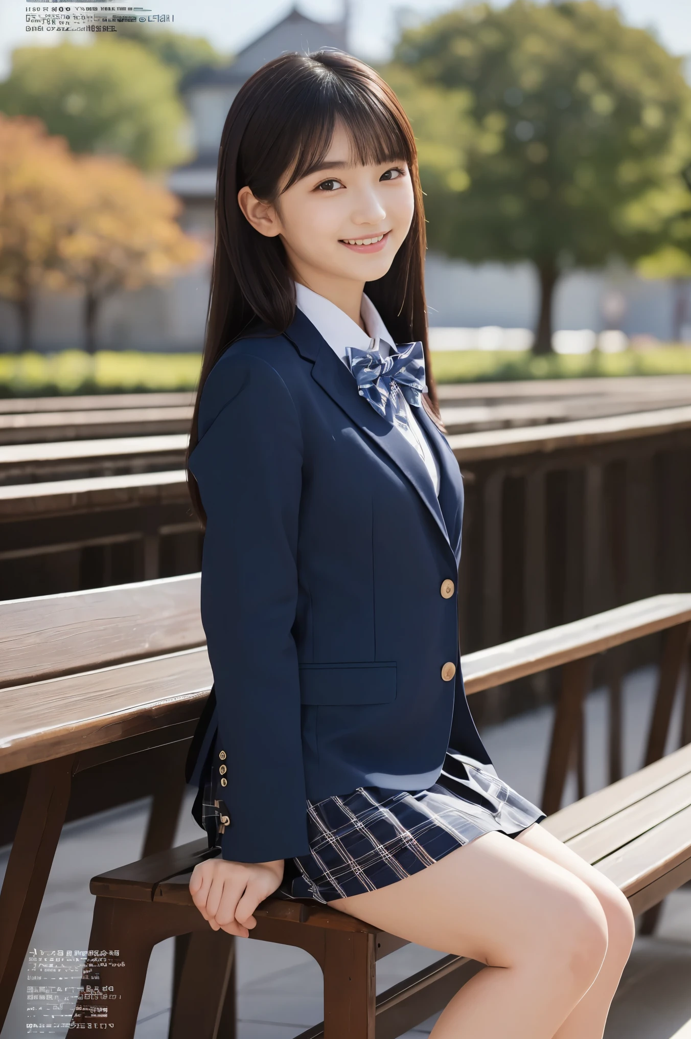 ( top quality, Masterpiece:1.2), top quality, exist, photos, high resolution, 1080P, 8k, physical rendering , ((: 158cm)), Japanese Girl、(((((( from a Japanese fashion magazine A beautiful fashion model is watching straight to the audience)))))), ((( x} beautiful dark brown eyes with big, detailed ))), ((((smile at me!)))), Thin fingers , (((short, curled bangs))), (((( very noble and beautiful eyes , carefully drawn with butterfly wings )))), (( double eyelids)), (((long eyelashes))), (( cute smiling cheeks )), (( pure white light hits my nose and cheeks . 目とwhite顔が美しく輝き、white .)), ((((( Her facial features are very expressive and has a nice smile , so sweet, Very smart ))))), (((( striking plain dark blue large student bow tie solid )))), ((((black, So beautiful、 very long hair )))), ( blue and navy tartan check formal long pleated skirt ), ((( slightly larger dark blue solid blazer 、Goldcrest付き 、Goldcrest ))), (( looking like an elegant lady )), (( I'm sitting on a platform chair at a country train station )), (( full body shot from the side))
