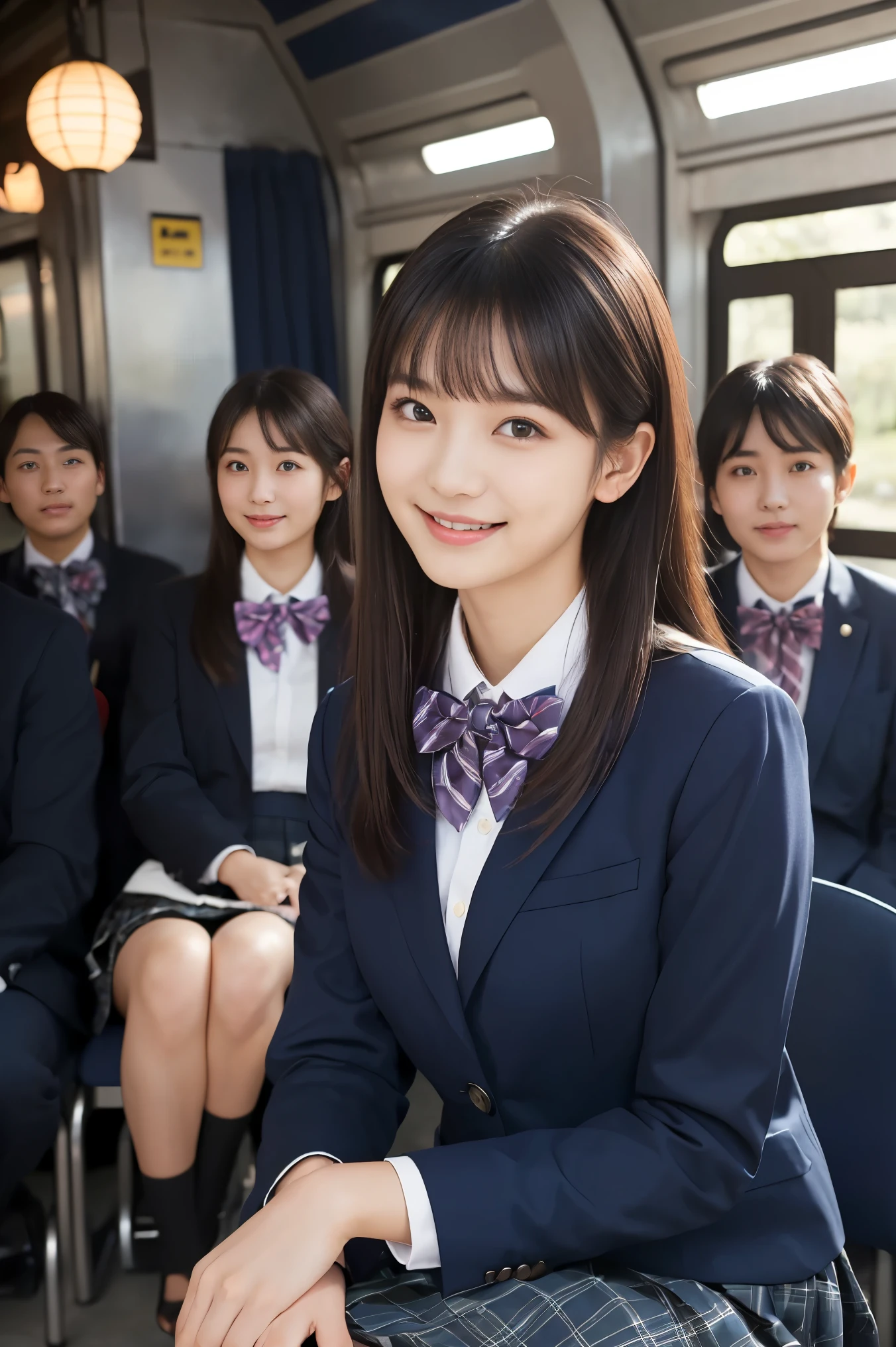 ( top quality, Masterpiece:1.2), top quality, exist, photos, high resolution, 1080P, 8k, physical rendering , ((: 158cm)), Japanese Girl、(((((( from a Japanese fashion magazine A beautiful fashion model is watching straight to the audience)))))), ((( x} beautiful dark brown eyes with big, detailed ))), ((((smile at me!)))), Thin fingers , (((short, curled bangs))), (((( very noble and beautiful eyes , carefully drawn with butterfly wings )))), (( double eyelids)), (((long eyelashes))), (( cute smiling cheeks )), (( pure white light hits my nose and cheeks . 目とwhite顔が美しく輝き、white .)), ((((( Her facial features are very expressive and has a nice smile , so sweet, Very smart ))))), (((( striking plain dark blue large student bow tie solid )))), ((((black, So beautiful、 very long hair )))), ( blue and navy tartan check formal long pleated skirt ), ((( slightly larger dark blue solid blazer 、Goldcrest付き 、Goldcrest ))), (( looking like an elegant lady )), (( I'm sitting on a platform chair at a country train station )), (( full body shot from the side))