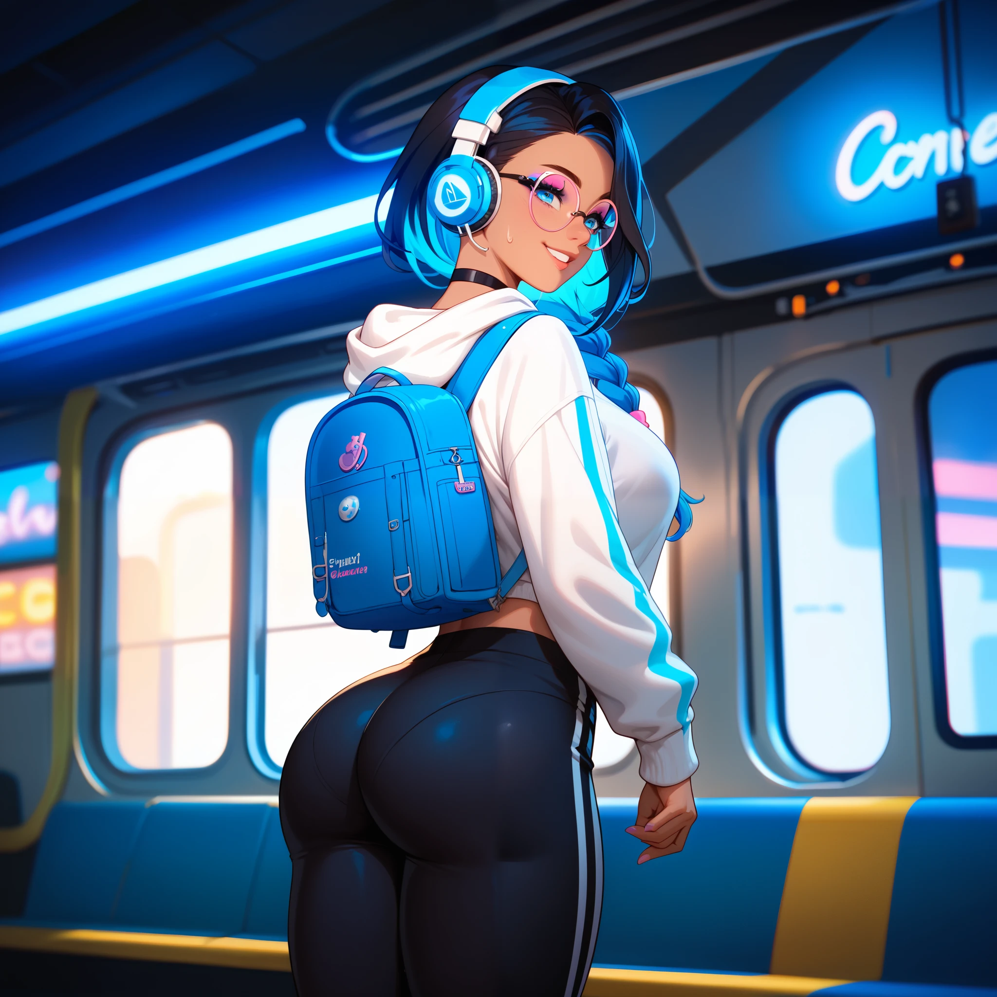 close-up, over the shoulder, rear view,  in focus, passionate smile, large ample , (blue neon headphones), 1 girl, (single braid, colored hair, dark hair, blue braid with pink streaks), black leather choker, (white zip-up hoodie), round-framed glasses, low-cut neckline, solo, blue eyes, (black tight sweatpants), ample firm thighs, athletic body, makeup, tan, backpack, empty subway car, gloomy dark atmosphere, night time, thick saturated colors, depth of field, blur, luminescent effects, bioluminescence, illumination, central lighting, cinematic niji anime,