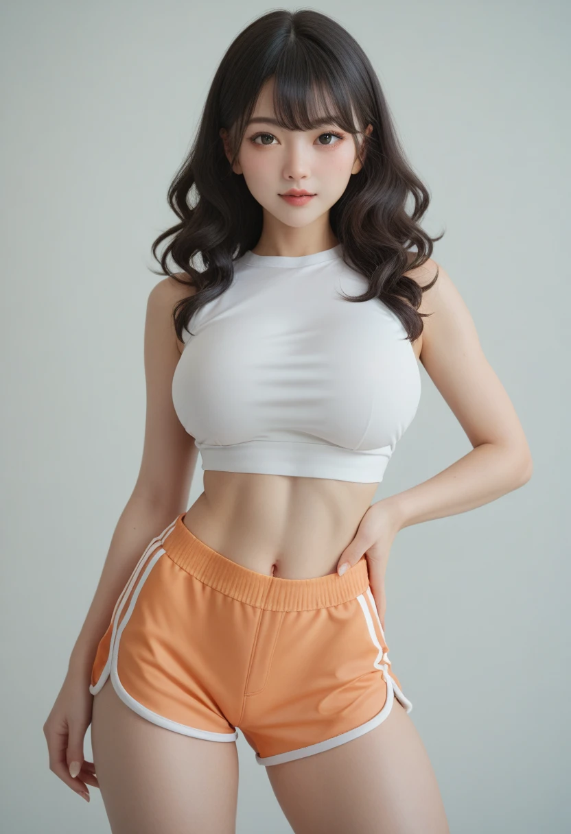 ((of the highest quality)), ((masutepiece)), (High quality: 1.3), of the highest quality, masutepiece, Purple eyes、radiant eyes、(Colossal tits), White T-shirt, croptop, yoga pant、Shoot from below, Open your crotch wide, Cross your arms behind your head