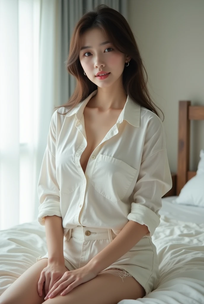 1woman, idol, long hair, brown hair, bedroom, 20 years old, see here, clothes wet, wet hair, white blouse, white miniskirt,