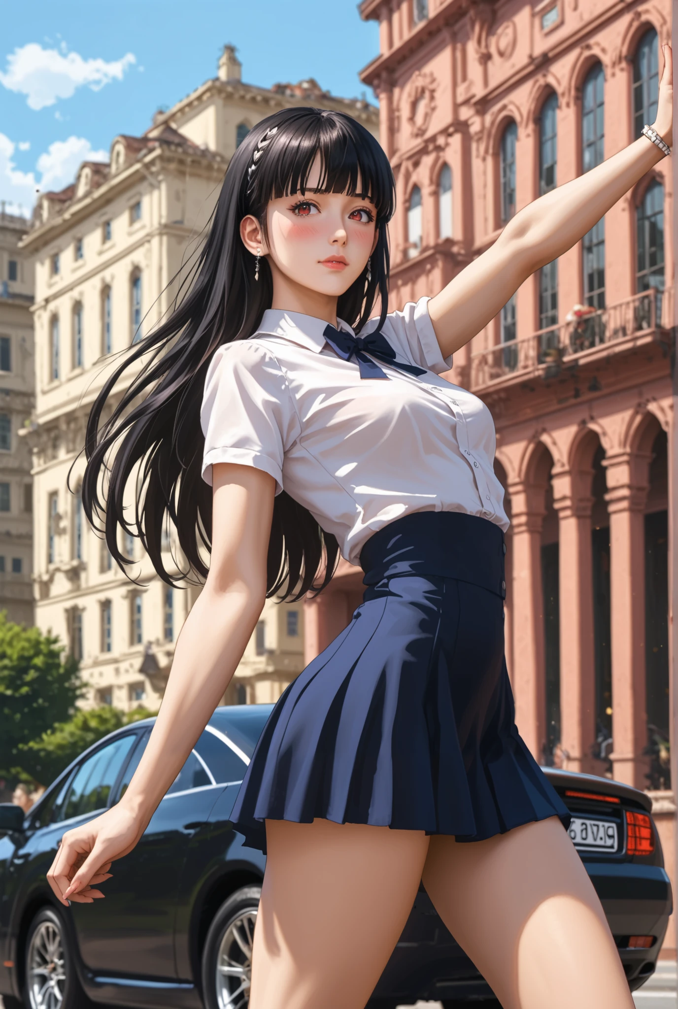 (masterpiece:1.2),{Ela está usando uma saia jeans curta e uma blusa vermelha justa com um par de botas pretas de cano alto. Seu cabelo ainda está úmido do banho recente, caindo em ondas suaves ao redor dos ombros enquanto ela parece um pouco envergonhada com sua aparência}, teen, (19 years old), (small breasts), (long black hair flowing, fringe), (red eyes),  slender figure, toned thighs and round buttocks, face details, wearing ornate short skirt, cinematic, intricate, detailed, ornate, elegant, sophisticated, female protagonist, strong female character, toned body, tight clothes, stunning cover, slim waist, stretching, evil face], sexy girl, sexy pose, sexy pose, very blushing, (Blush:1.5), red cheekbones,(focus on the face:1.2), low angle shot from front, (next to a mercedez benz car, empty streets), (best quality , 8k,  highres icon, incredible quality, very aesthetic,absurdres,newest), ultra-detailed, realistic,  photorealistic, (photorealistic:1.4), HDR, Ultra HD,  studio lighting, ultra-fine painting, (sharp focus:1.2), physics-based rendering, description with extreme details, vivid colors, bokeh effect, Professional