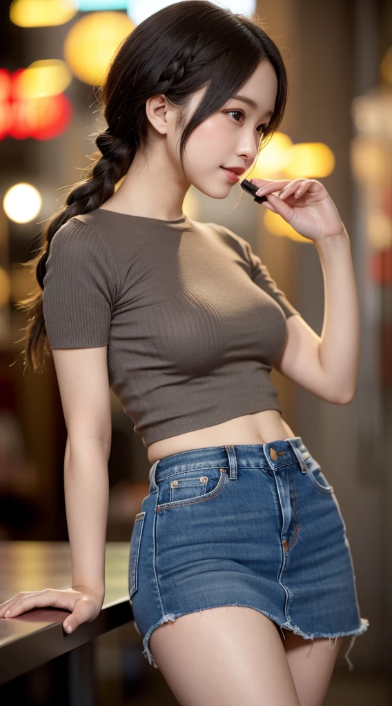 ((midynight, Acura, 8K, tmasterpiece: 1.3)), full bodyesbian, long leges, Focalors: 1.2, perfect figure beautiful woman: 1.4, Slim abs: 1.1, (dark brown hair,: 1.2 )), (Gray skinny T-shirt, Goose yellow sexy shorts,sitting on a stool: 1.2), (city night scene, the roof: 1.3)), Highly Detailed Face and Skin Textur, detailedeyes, 二重まぶた,Holding a wine glass in his hand。