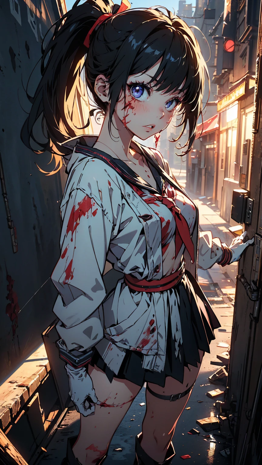 ((masterpiece, best quality)), (1girl), (solo), (female focus), Asa Mitaka \(chainsaw man\),(very detailed face, real image, realistic skin, realistic body, intricate details), upper body, dark eyes, bandages over the body, black hair, far sleeve shirt, pinaforee dress, black tie, bandages, blood, bandages, bandages, blood, blood, small breasts, classroom, students, Blur background