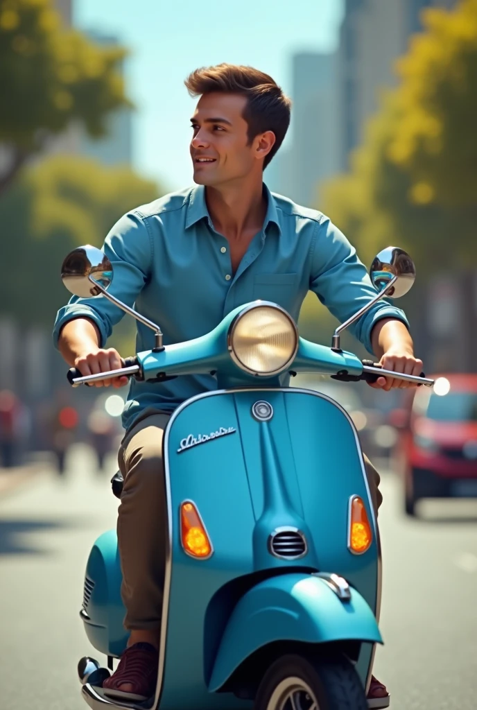 Teenage boy riding a grey Piaggio automatic Vespa. Wearing a white helmet and black shoes. 