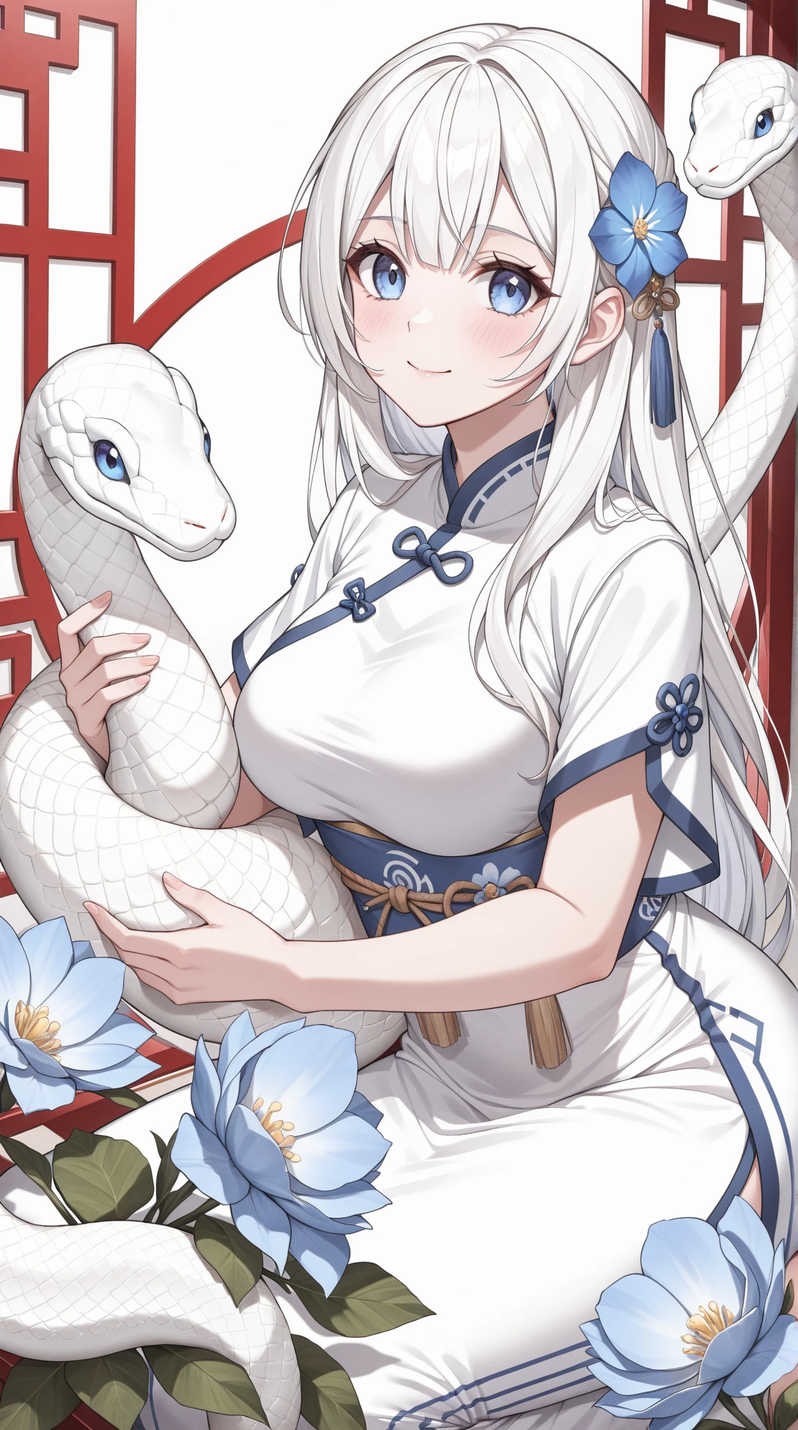 solo, a girl wearing a white choeongsam, petting a white snake, blue flower in background, Chinese theme, absurdres, masterpiece, best quality, UHD
