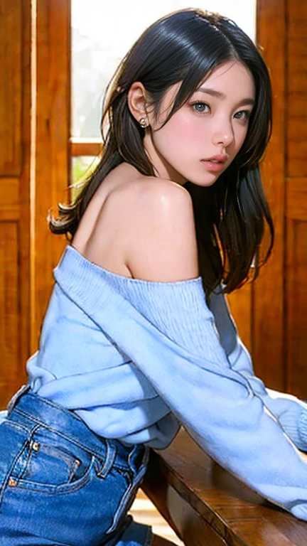 ((Off-the-shoulder knit、Drawstring Cami、Pintuck shorts))beautiful, calm and bright look、Refreshing look、完璧なbeautifulcute顔、Very bright、Long bangs between the eyes、Long black hair straight hair、とてもcute、beautifully、Young little woman、非常に完璧なbeautifulcute顔、、Real17歳女性、cute,((Small breasts:1.4))、(()) And a very slim figure,Very thin leganicules、Earrings、Pink Lip、choker、Real、Highest quality、Detailed face、Detailed Background、Depth of written boundary、alone、night,Highest quality、High resolution、超High resolution(Real:1.4)Detailed eyes、Gradation、Perfect anatomical figure、Woman with perfect body、Highly detailed skin、非常にDetailed face、細部までbeautiful目、Background blur、whole body viewing angle、