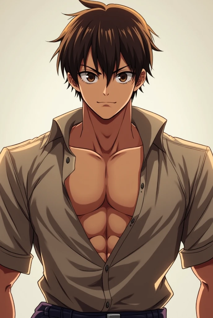 Roy Mustang from Full Metal Alchemist, wearing an open shirt, shirtless, without shirt, bodybuilder, smug smile