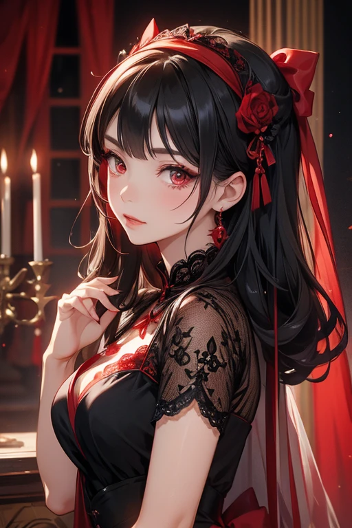 perfect anatomy, masterpiece:1.4, best quality, 8k, beautiful detailed grow, daydreaming expression, (jumping) (in a red Gothic Dress) ((beautiful make-up face)) (solo straight black hair long hair femdom cute girl, bigboobs, 18 yo, detailed sexy red eyes, best smile), break, in the night, in the Party Venue.